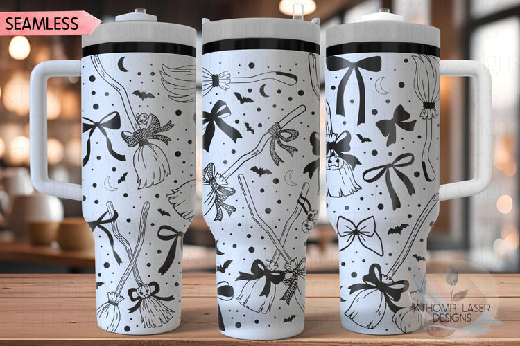 Spooky Brooms & Bows Tumbler Wrap SVG, 40oz Laser Engraving File, Rotary Ready Digital Design, Seasonal SVG