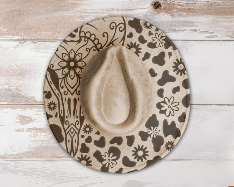 Floral Cow Skull Wide Brim Hat Laser Engraving SVG