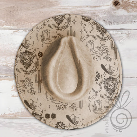 Western Highland Cow Wide Brim Hat Laser Engraving SVG