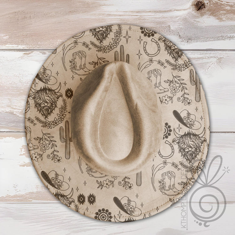 Western Highland Cow Wide Brim Hat Laser Engraving SVG
