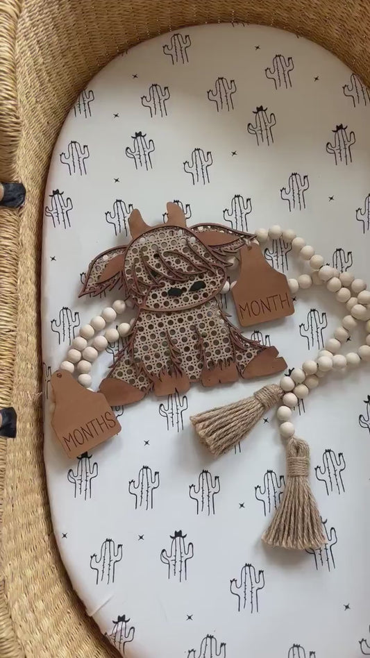 Rattan Highland Cow Milestone Laser Cut File, Baby Milestone, Boho Nursery Sign, SVG, Sign for Baby Photos, Baby Shower Gift, Cow Decor