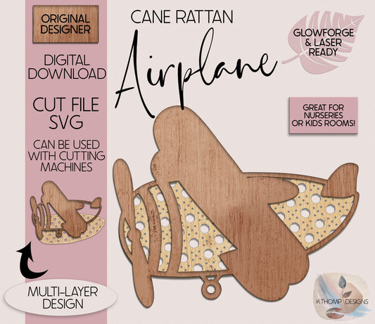 Laser Cut File Cane Rattan Airplane SVG, Cute Rattan Airplane, Biplane Nursery, Airplane SVG, Wood Airplane, Nursery Decor, Glowforge, XTool