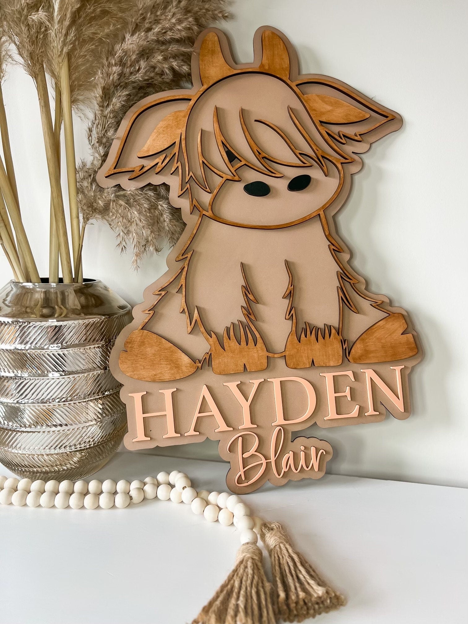 Laser Cut Cane Rattan and Solid Highland Cow SVG, Shaggy Cow SVG, Digital Download, Boho Nursery Sign, Home Decor, Nursery Decor, Glowforge