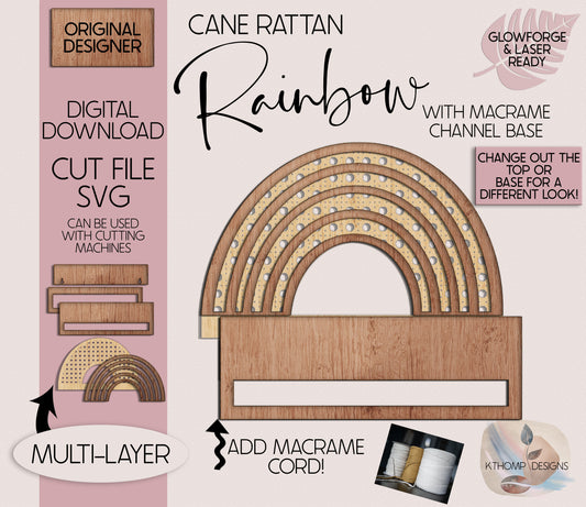 Rattan Rainbow Channel Top with Macrame Bar Digital Laser Cut File, Boho Sign, Interchangeable Sign, Hairbow Holder, SVG