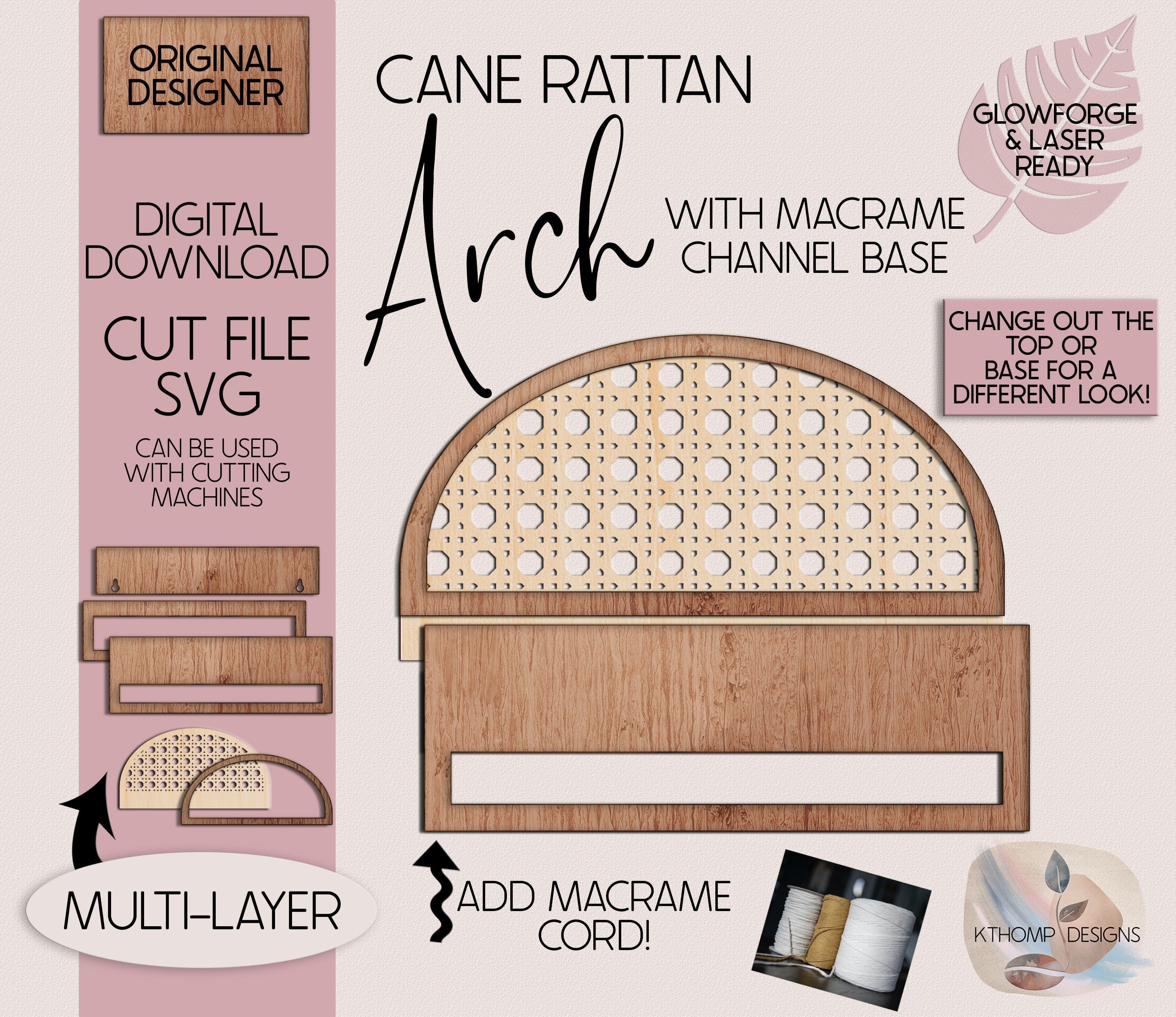 Rattan Arch Channel Top with Macrame Bar Digital Laser Cut File, Boho Sign, Interchangeable Sign, Glowforge, XTools M1 D1, Laser design, SVG