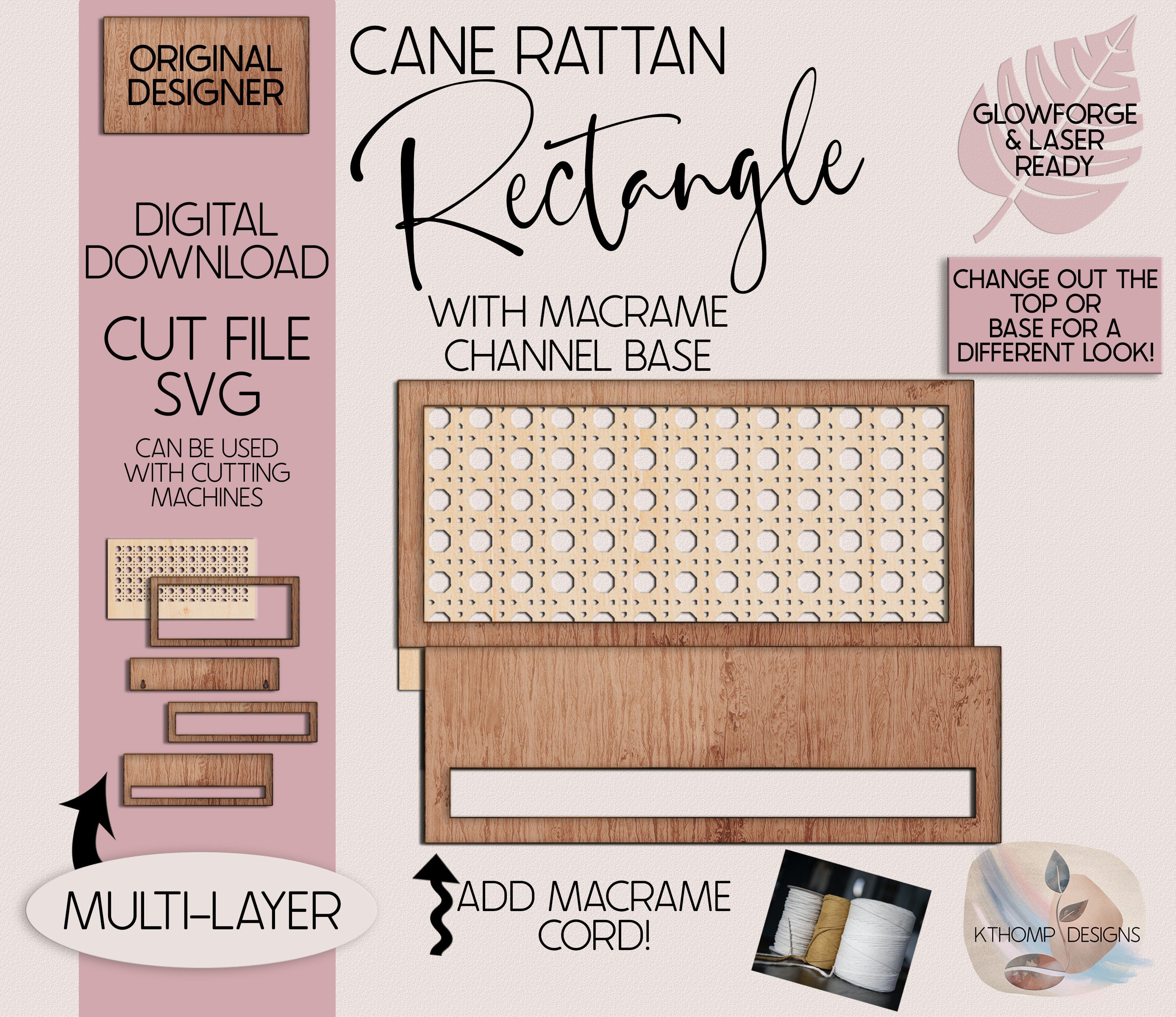 Rattan Rectangle Channel Top with Macrame Bar Digital Laser Cut File,