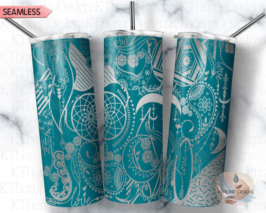 Boho Paisley Doodles Tumbler Wrap SVG | 20oz Skinny Laser Engraving File | Rotary Ready Digital Design | Zodiac Boho SVG