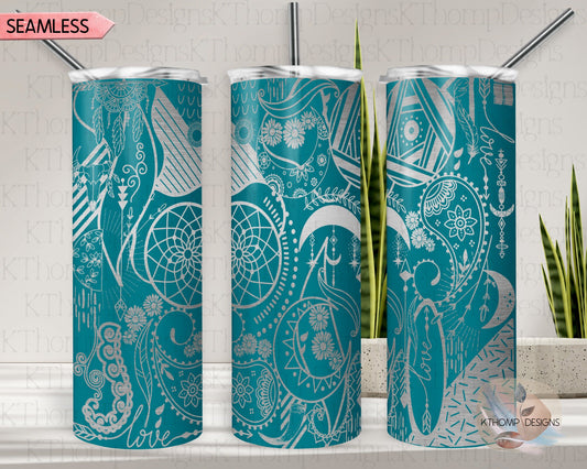 Boho Paisley Doodles Tumbler Wrap SVG | 20oz Skinny Laser Engraving File | Rotary Ready Digital Design | Zodiac Boho SVG