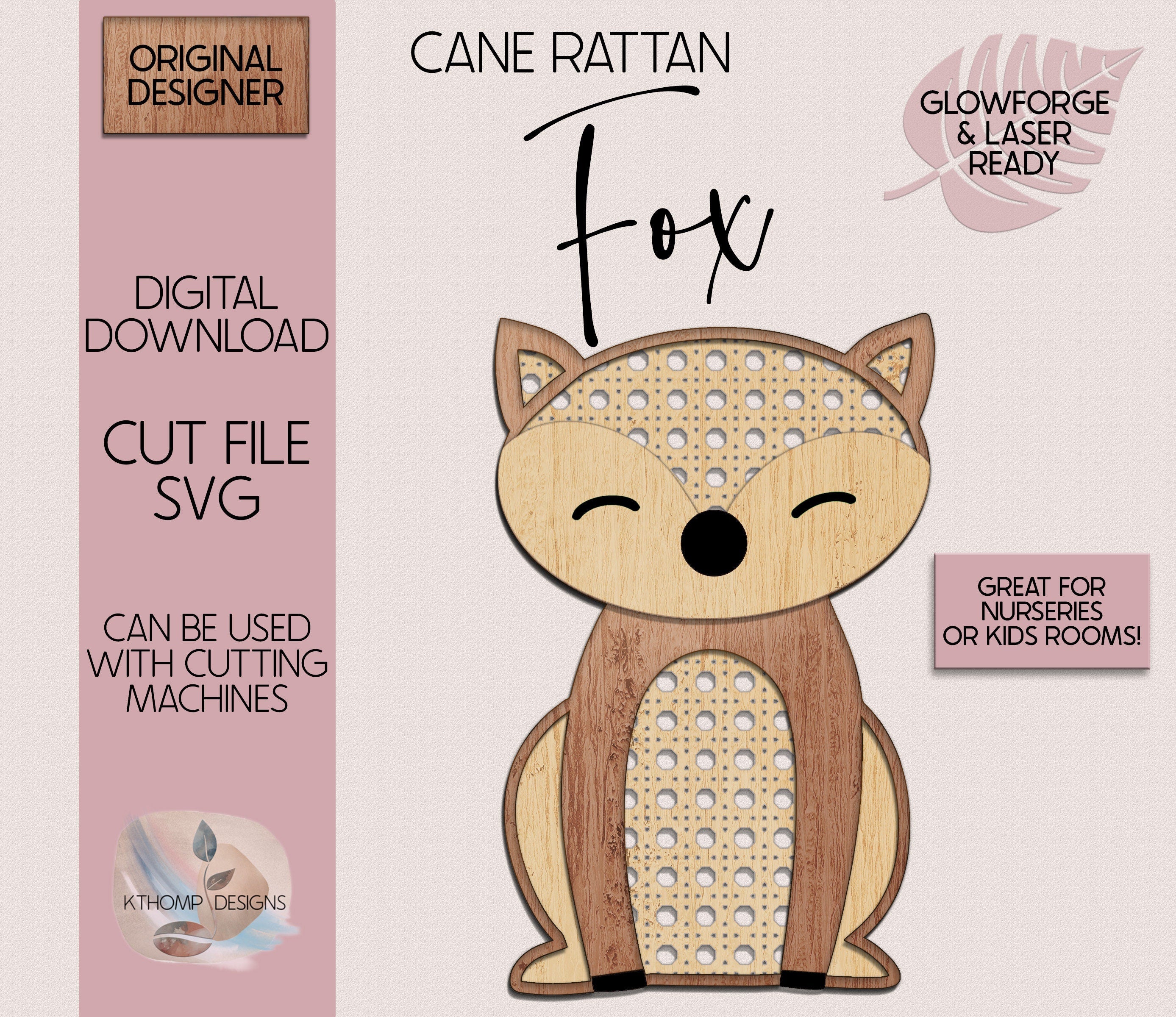 Laser Cut File Cane Rattan Fox SVG, Cute Rattan Fox, Boho Nursery Sign, Woodland Fox SVG, Wood Fox, Nursery Decor, Glowforge, XTool