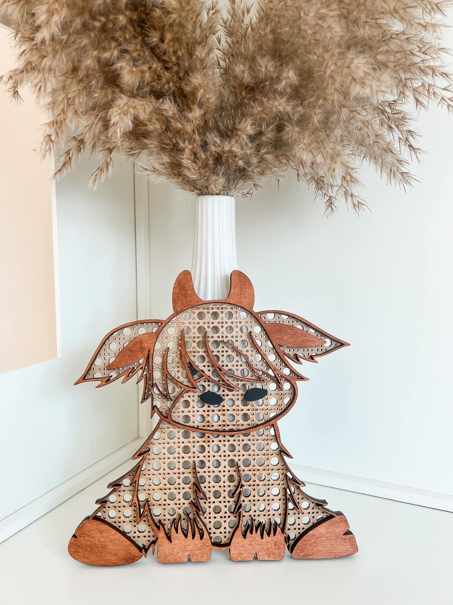 Laser Cut Cane Rattan and Solid Highland Cow SVG, Shaggy Cow SVG, Digital Download, Boho Nursery Sign, Home Decor, Nursery Decor, Glowforge