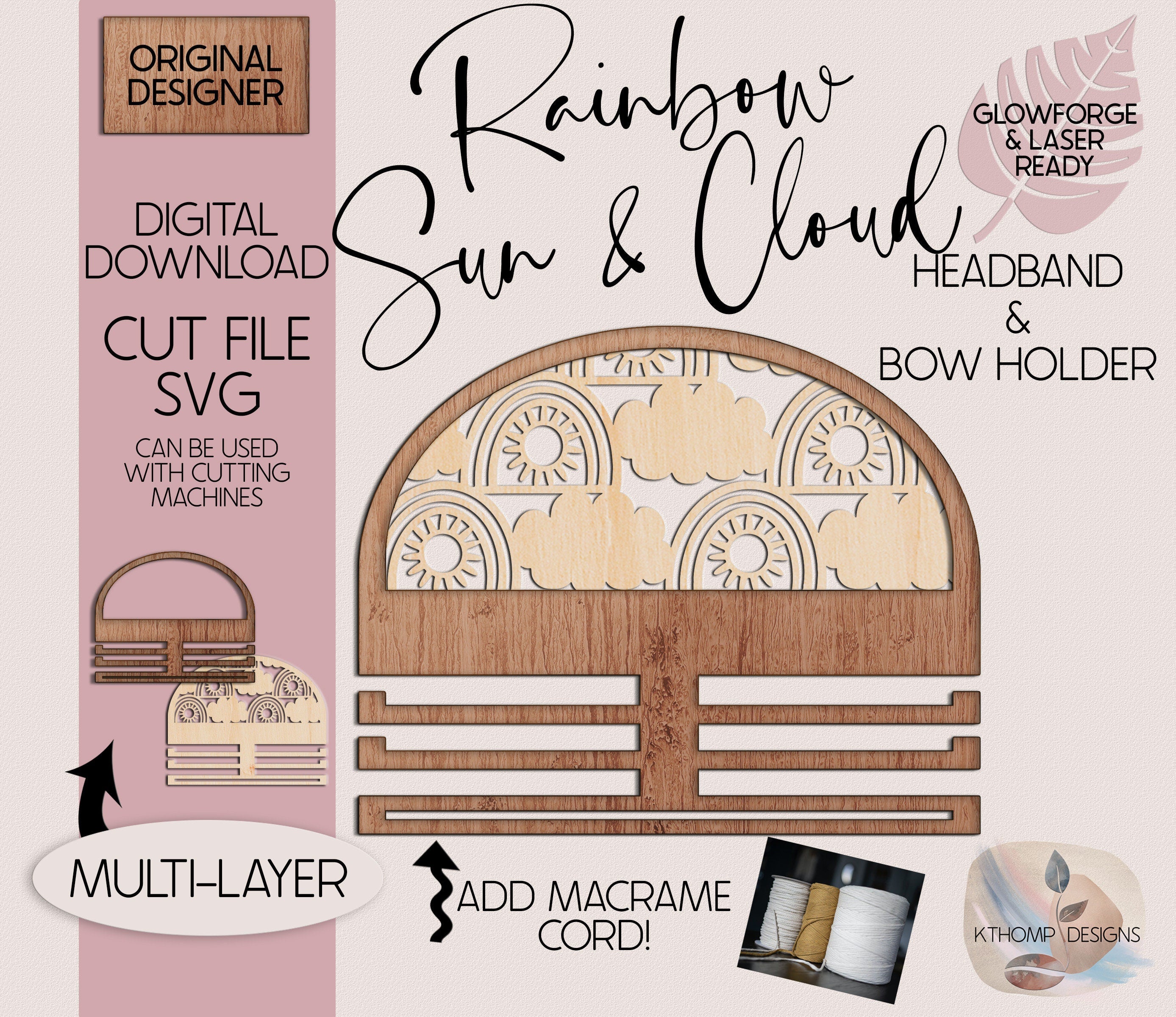 Rainbow, Sun & Cloud Headband and Bow Holder design, Digital Download, Laser Cut File, Girls Room Decor, Cheer Bow Holder, Medal Holder