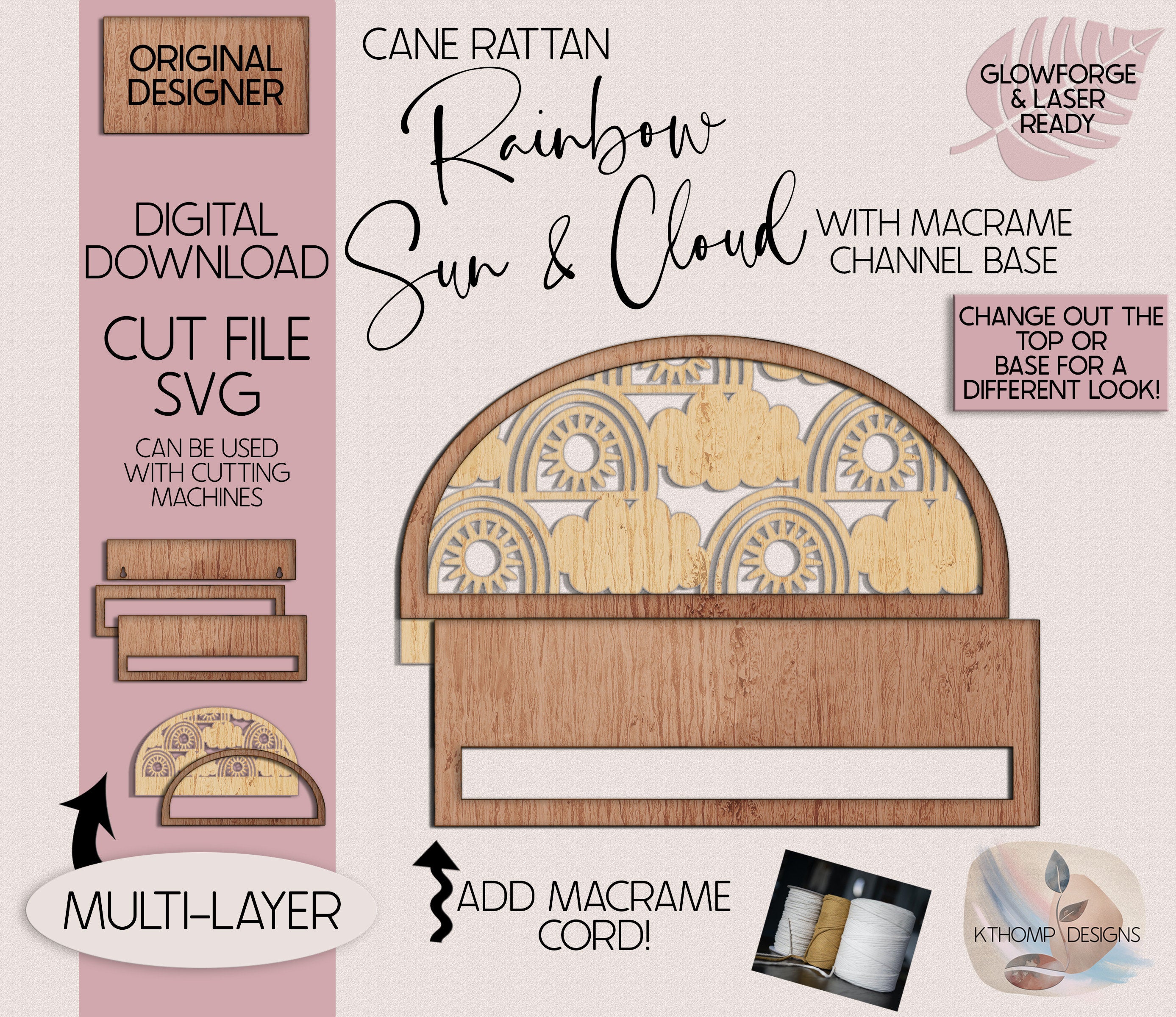 Rainbow Sun & Cloud Channel Top with Macrame Bar Digital Laser Cut File, Boho Sign, Interchangeable Sign, Glowforge, XTools M1 D1, SVG