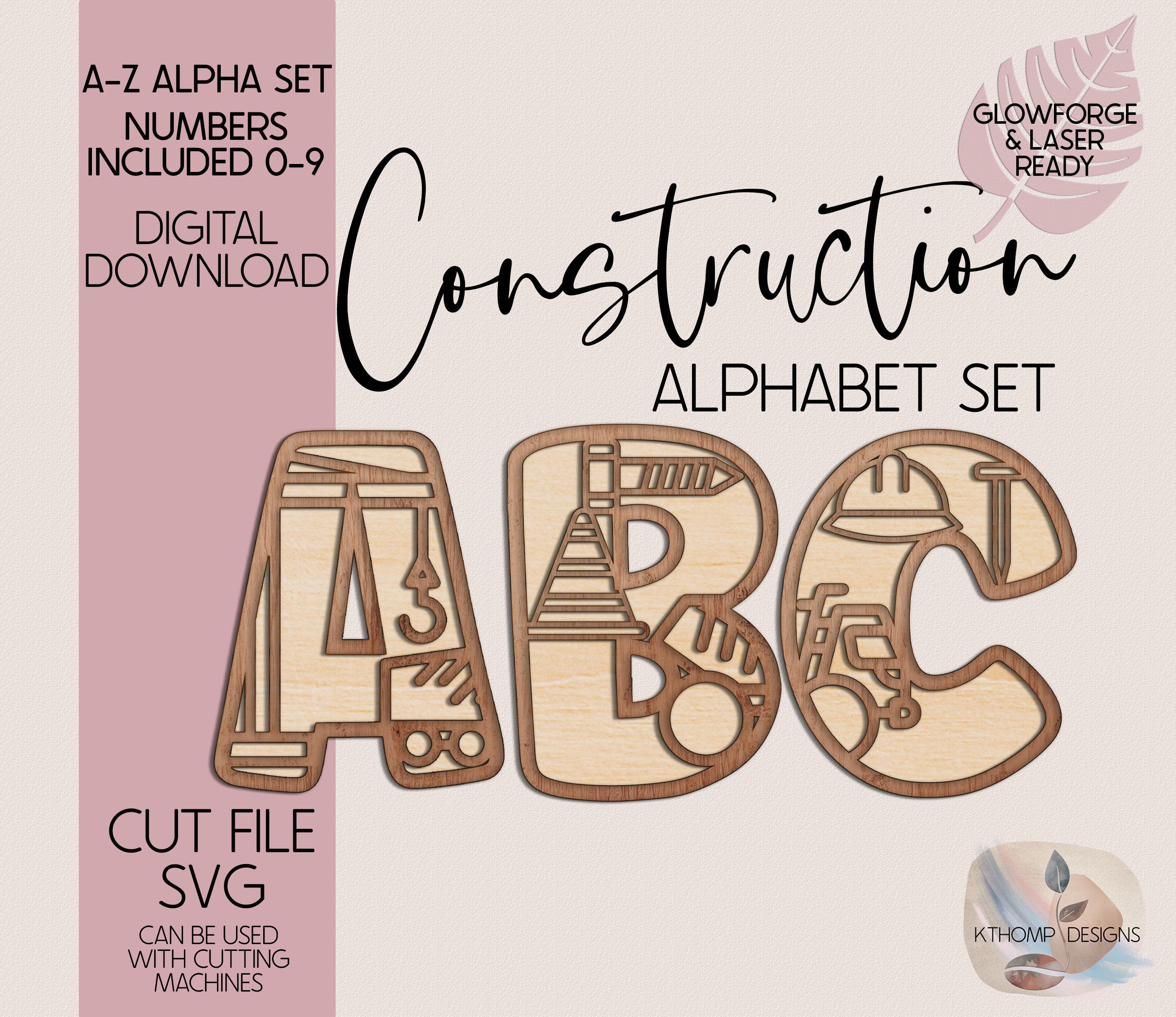 Construction Alphabet SVG | Laser Cut Files A-Z & 0-9 | Digital Alphabet Set for Laser Cutting | Wood MDF Acrylic Ready | Instant Download