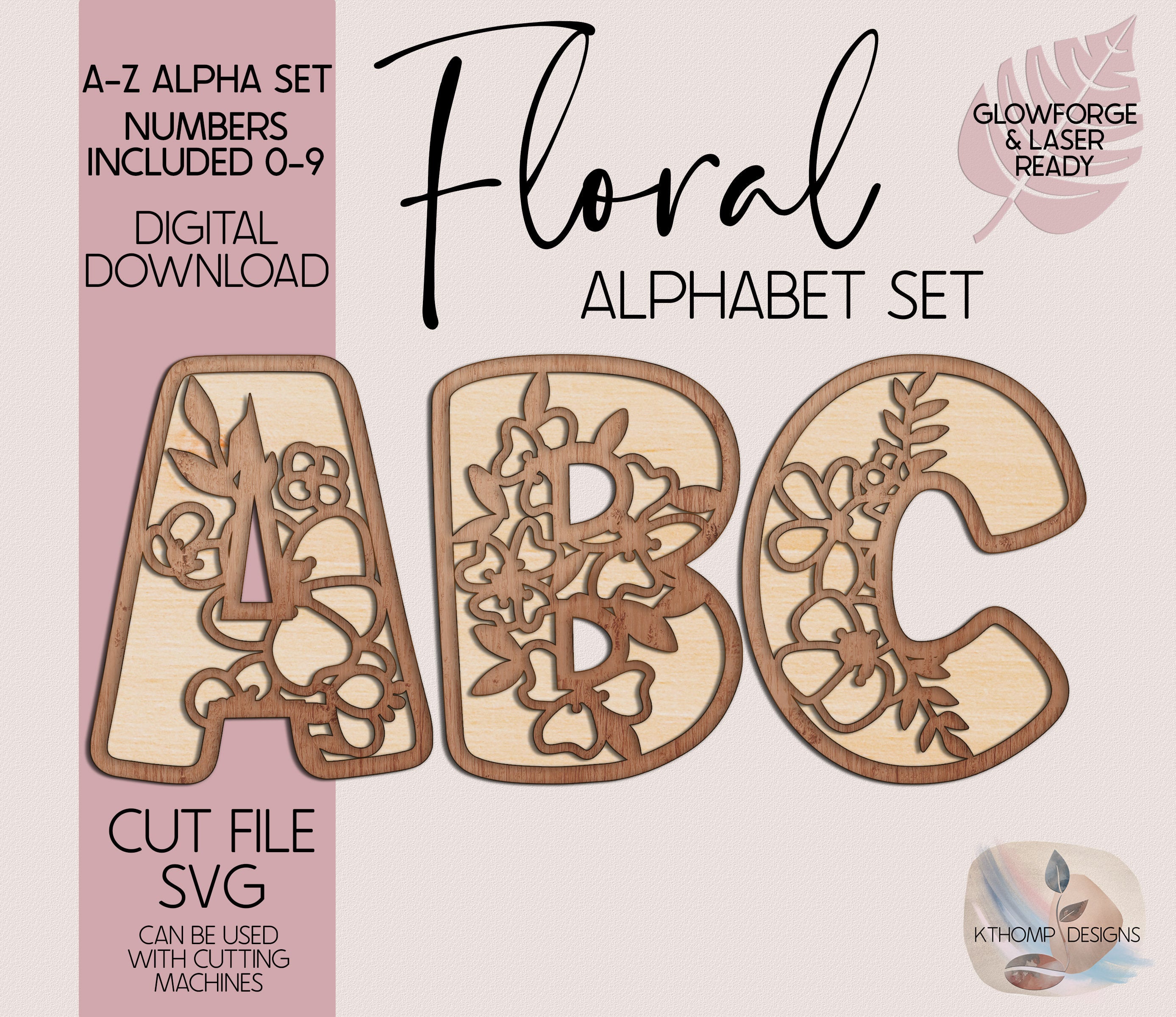 Floral Alphabet SVG | Laser Cut Files A-Z & 0-9 | Digital Alphabet Set for Laser Cutting | Wood MDF Acrylic Ready | Instant Download