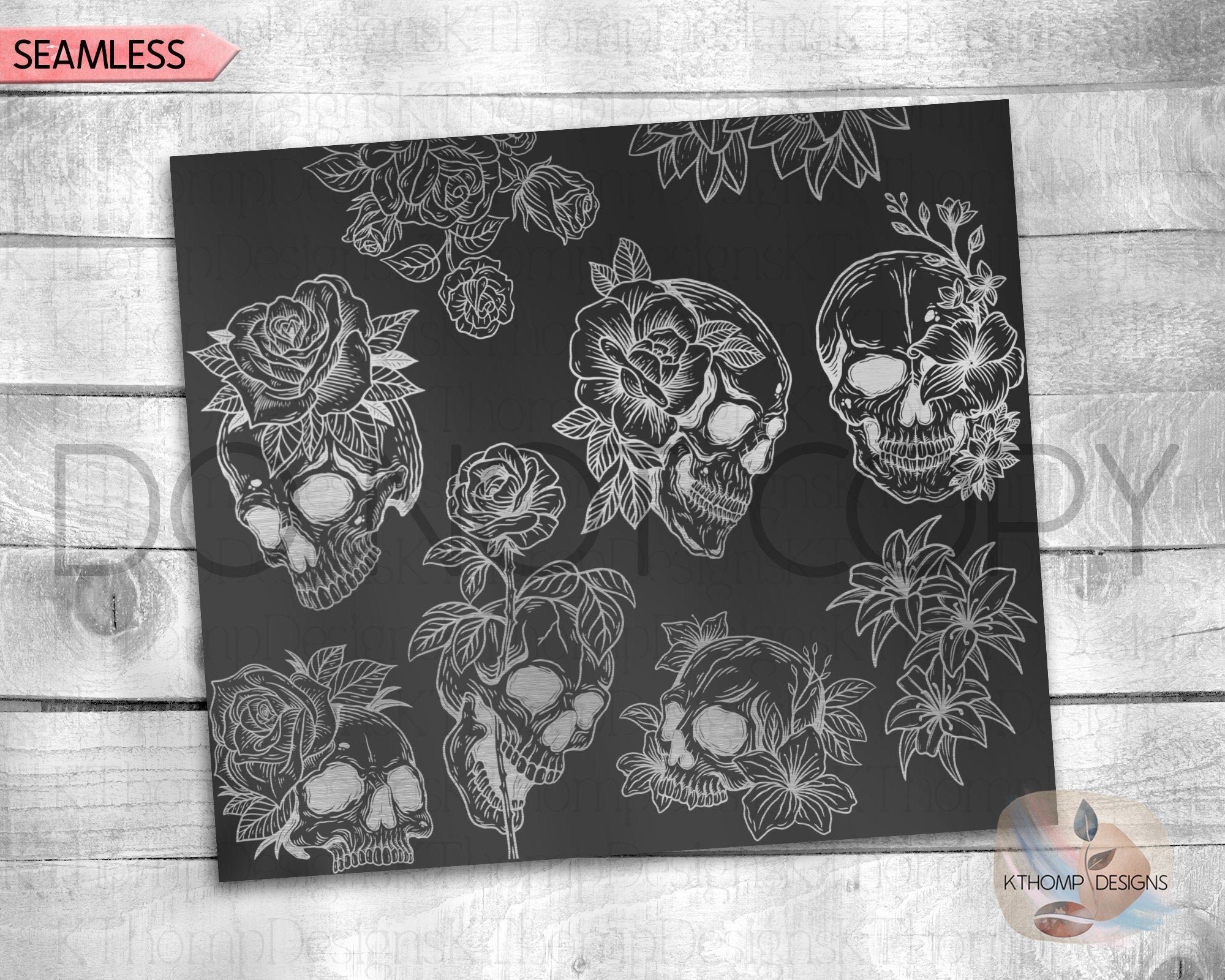 Skulls and Roses Tumbler Wrap SVG | 20oz Skinny Laser Engraving File | Rotary Engrave Digital Design | Floral SVG Design