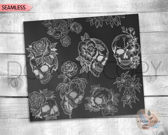 Skulls and Roses Tumbler Wrap SVG | 20oz Skinny Laser Engraving File | Rotary Engrave Digital Design | Floral SVG Design