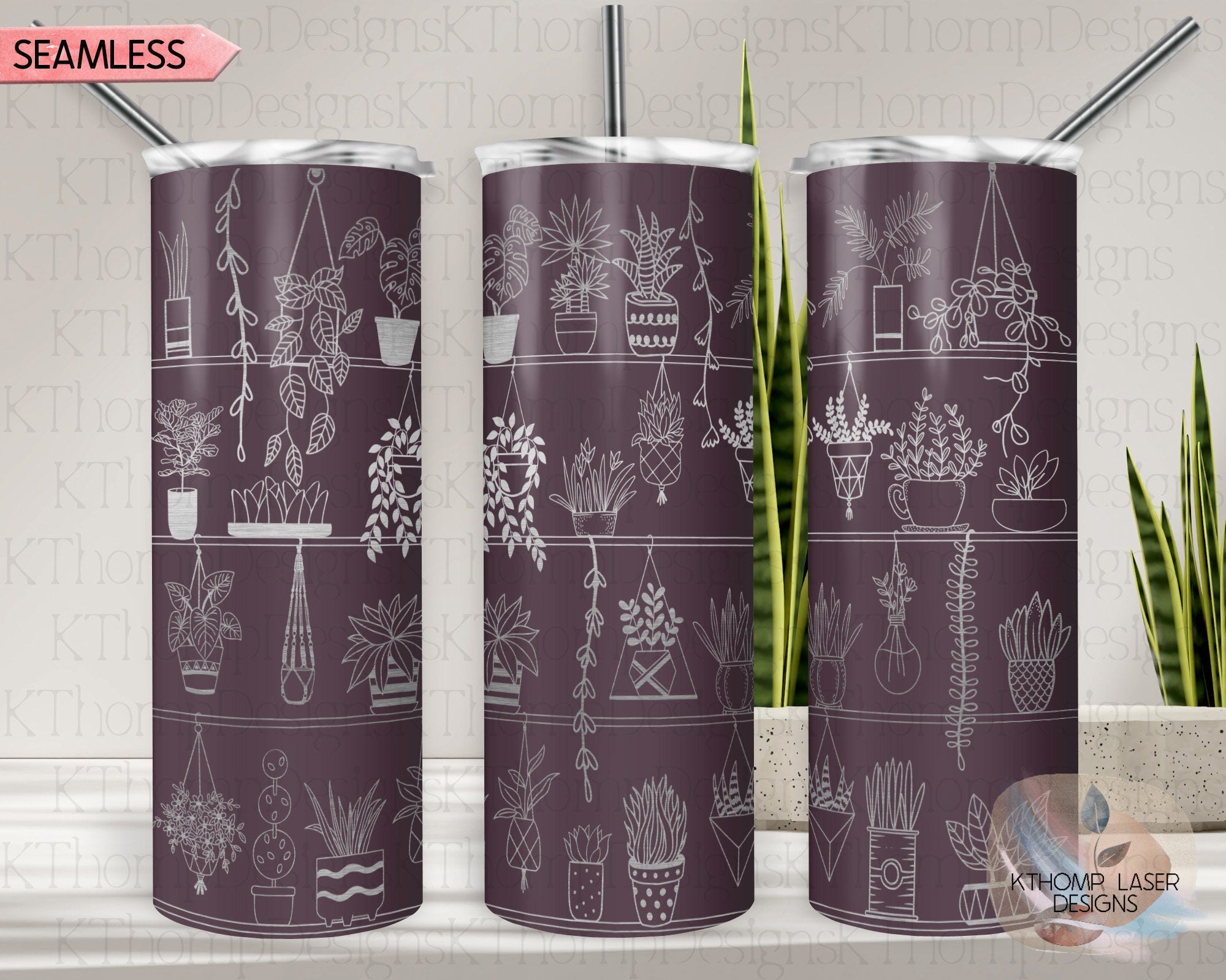 Potted Plant Shelves Tumbler Wrap SVG | 20oz Skinny Laser Engraving File | Rotary Engrave Digital Design | Floral SVG Design