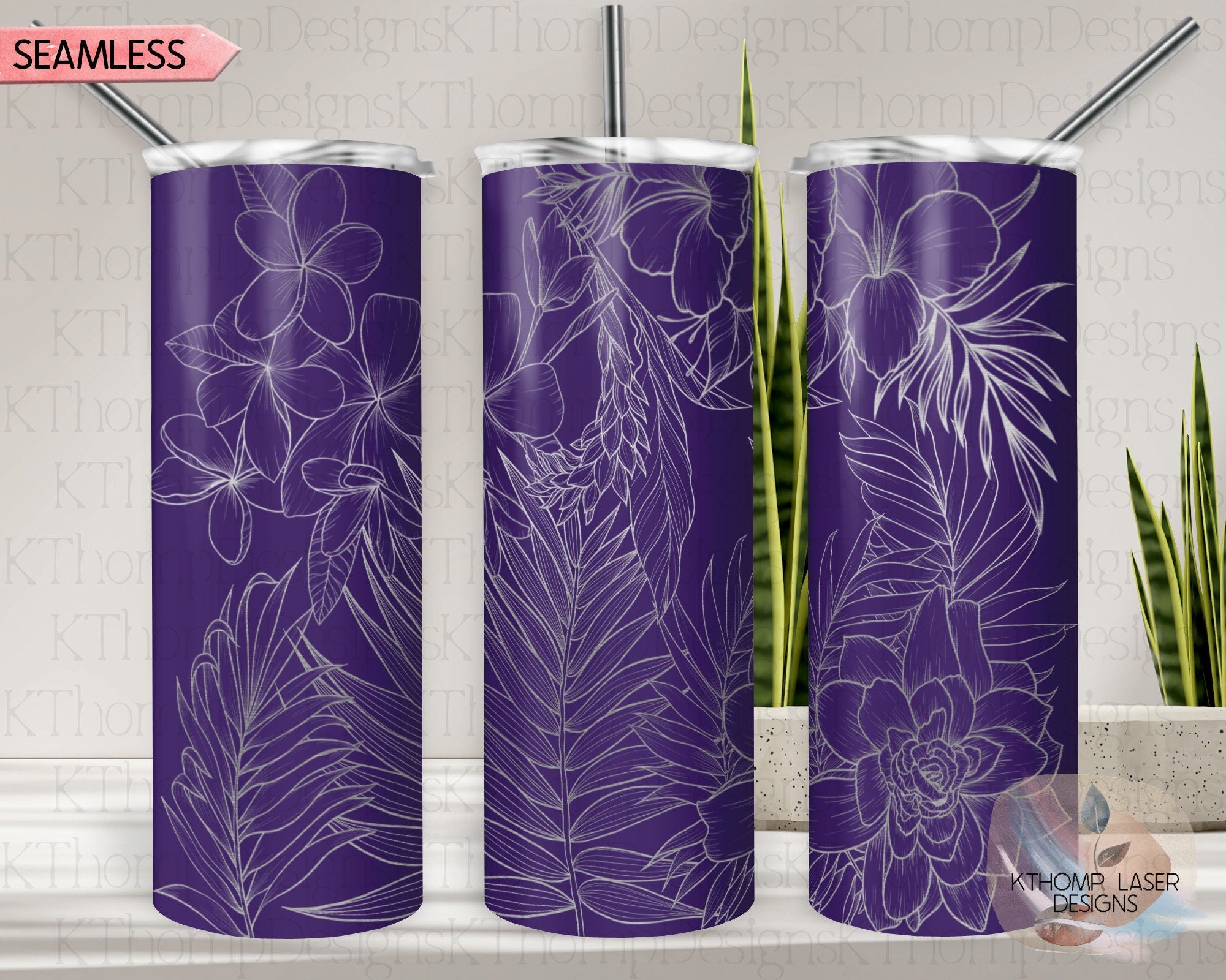 Tropical Plants Tumbler Wrap SVG | 20oz Skinny Laser Engraving File | Rotary Engrave Digital Design | Floral SVG Design