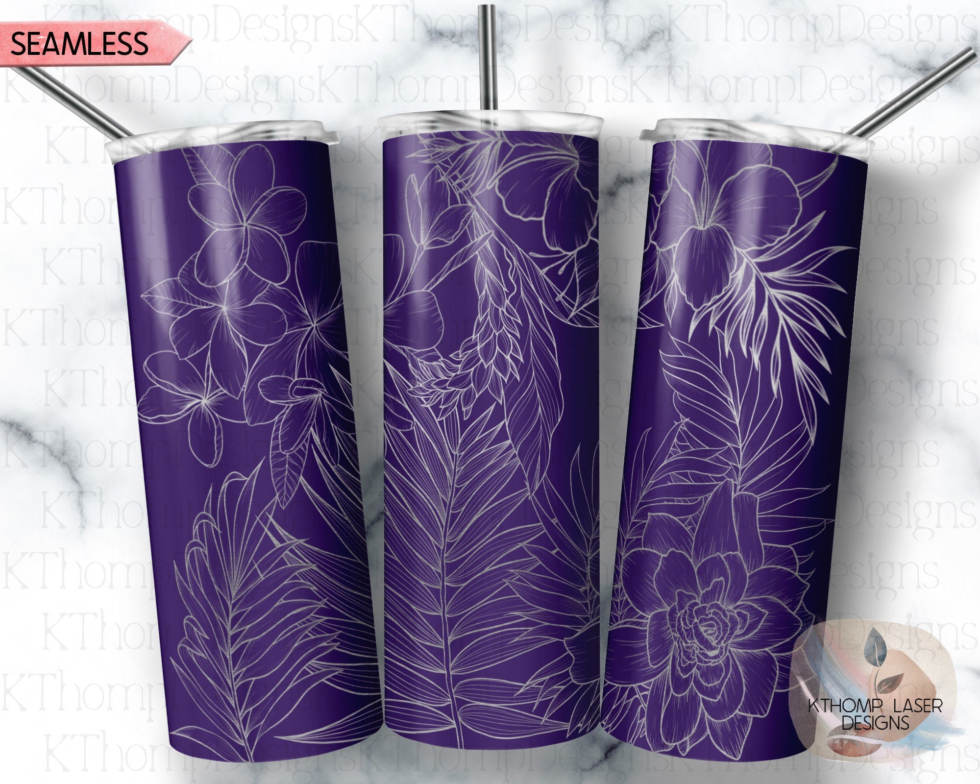Tropical Plants Tumbler Wrap SVG | 20oz Skinny Laser Engraving File | Rotary Engrave Digital Design | Floral SVG Design