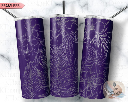 Tropical Plants Tumbler Wrap SVG | 20oz Skinny Laser Engraving File | Rotary Engrave Digital Design | Floral SVG Design