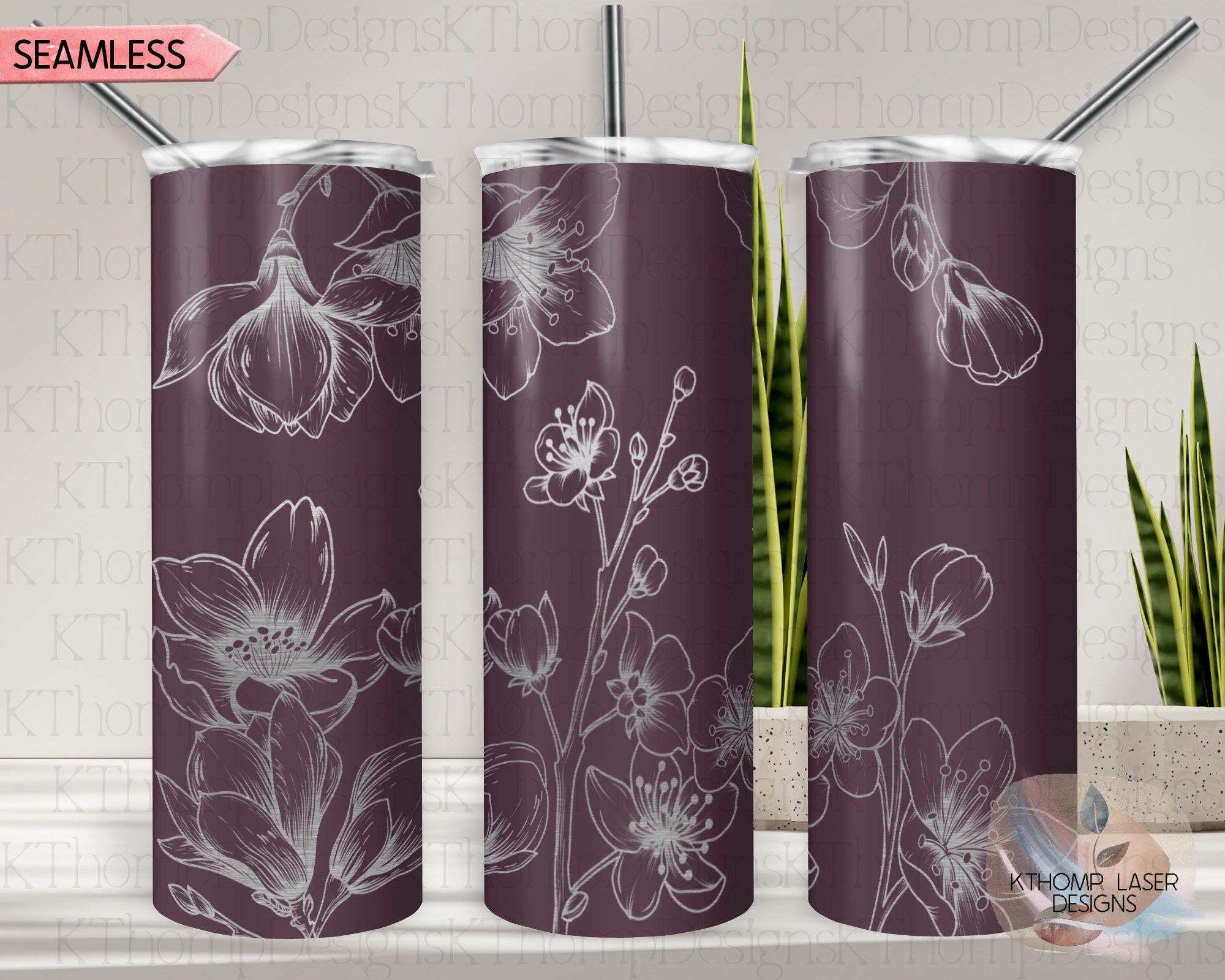 Cherry Blossom Tumbler Wrap SVG | 20oz Skinny Laser Engraving File | Rotary Engrave Digital Design | Floral SVG Design