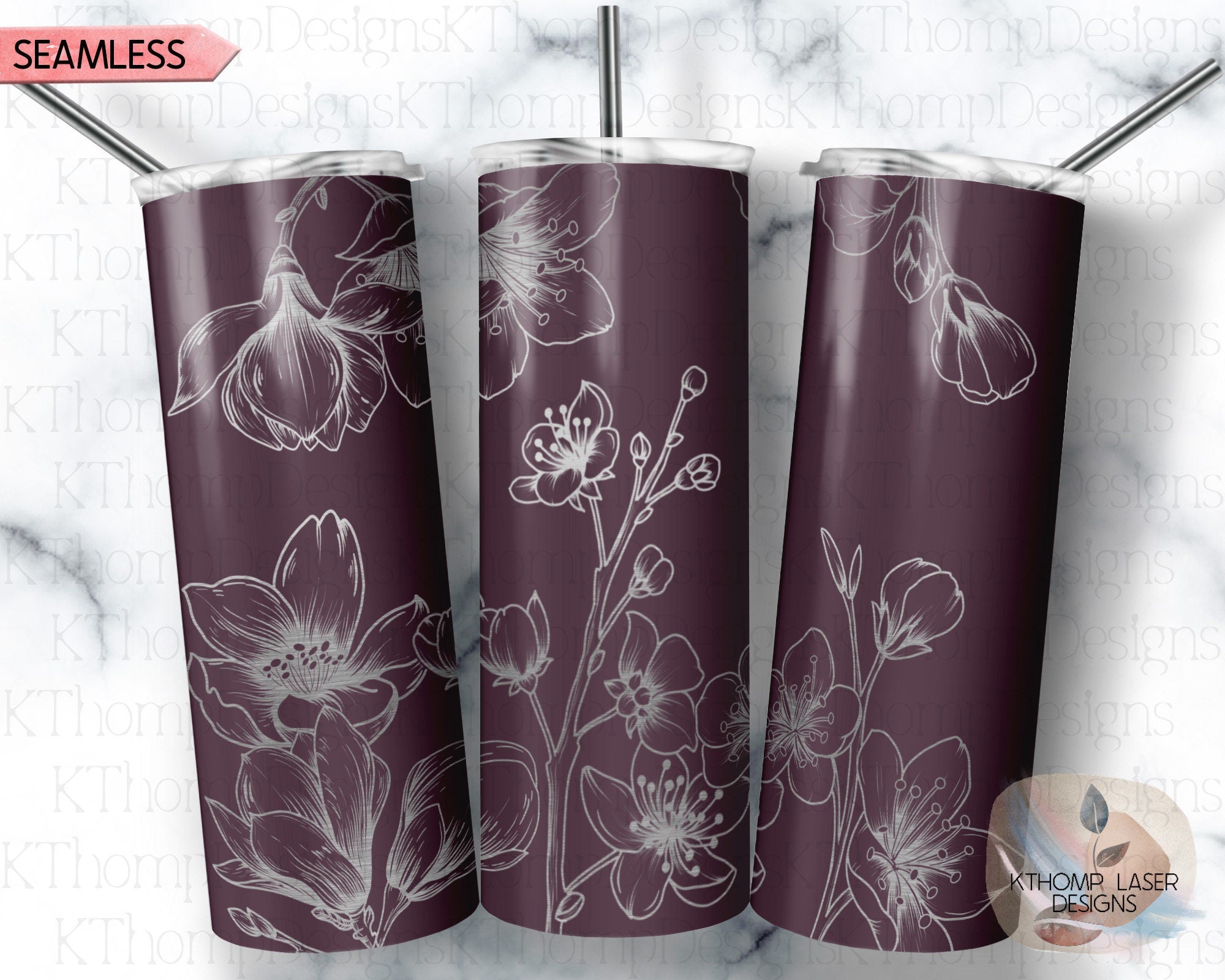 Cherry Blossom Tumbler Wrap SVG | 20oz Skinny Laser Engraving File | Rotary Engrave Digital Design | Floral SVG Design