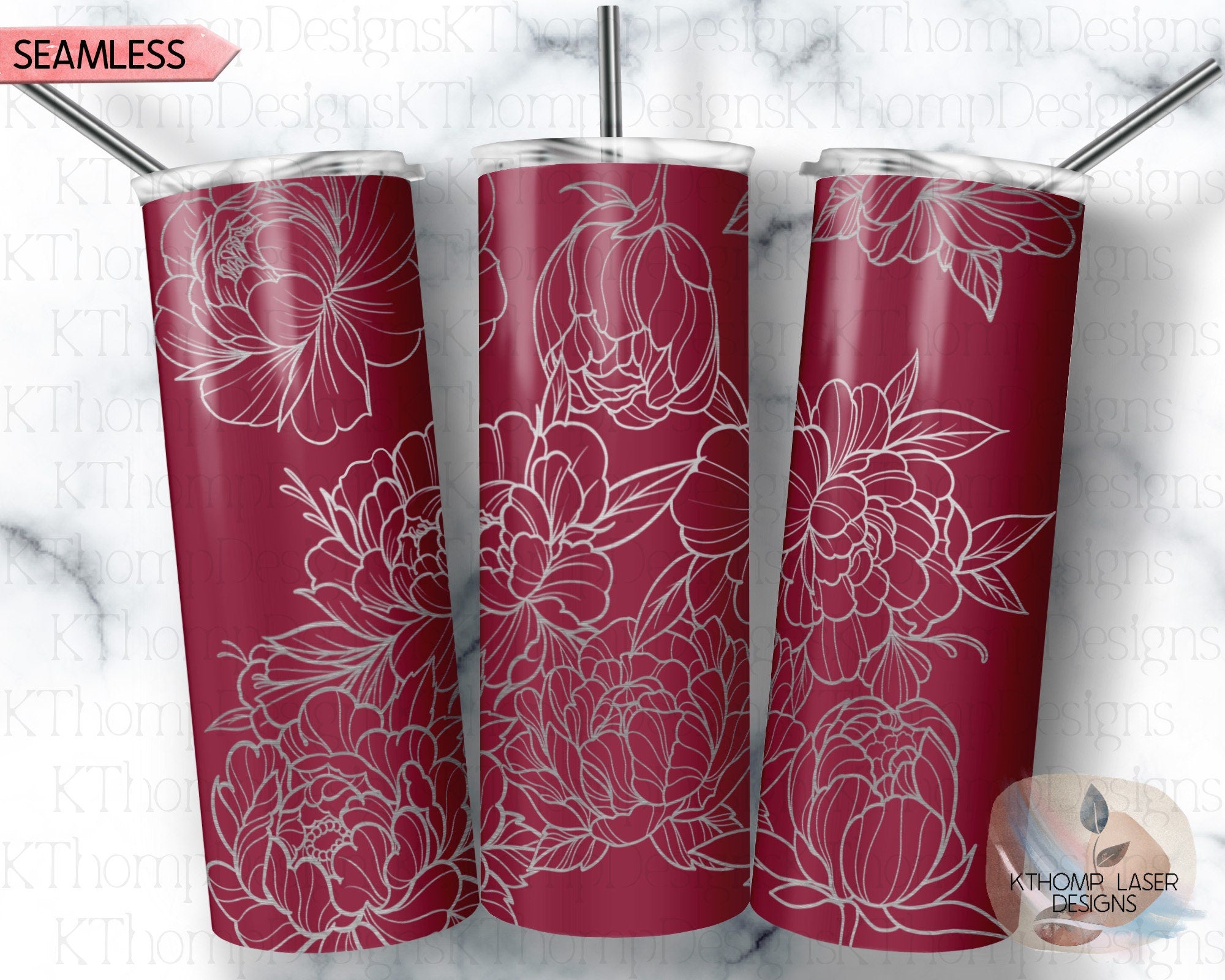Peony Tumbler Wrap SVG | 20oz Skinny Laser Engraving File | Rotary Engrave Digital Design | Floral SVG Design