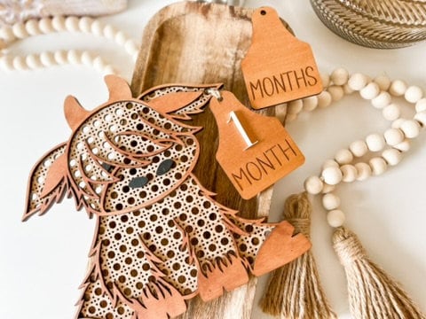 Rattan Highland Cow Milestone Laser Cut File, Baby Milestone, Boho Nursery Sign, SVG, Sign for Baby Photos, Baby Shower Gift, Cow Decor