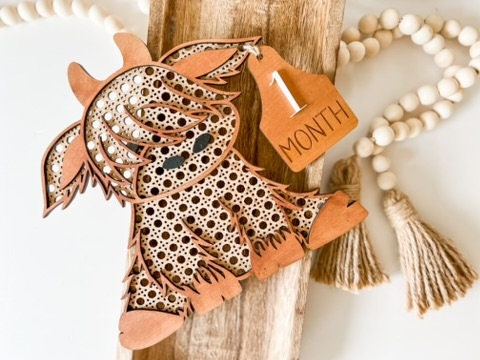 Rattan Highland Cow Milestone Laser Cut File, Baby Milestone, Boho Nursery Sign, SVG, Sign for Baby Photos, Baby Shower Gift, Cow Decor