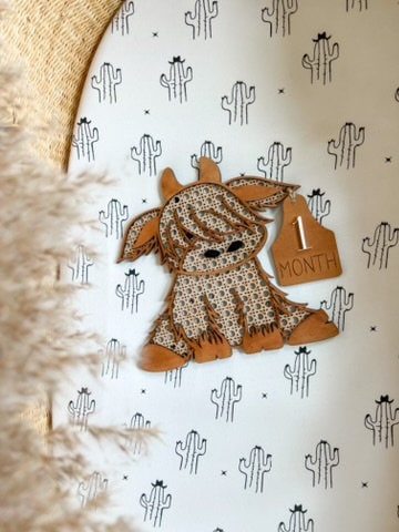 Rattan Highland Cow Milestone Laser Cut File, Baby Milestone, Boho Nursery Sign, SVG, Sign for Baby Photos, Baby Shower Gift, Cow Decor