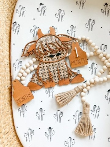 Rattan Highland Cow Milestone Laser Cut File, Baby Milestone, Boho Nursery Sign, SVG, Sign for Baby Photos, Baby Shower Gift, Cow Decor