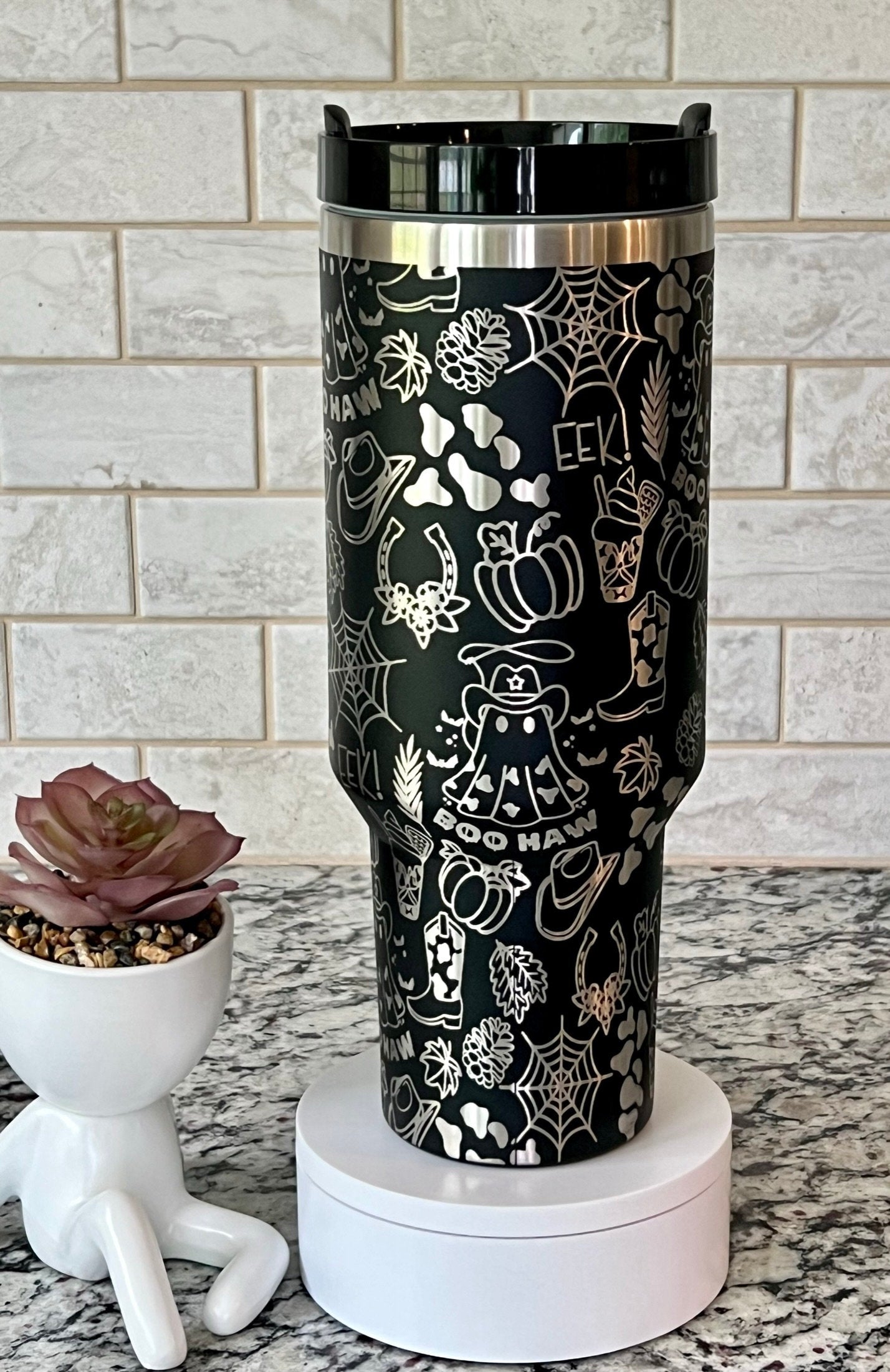 Cowboy Ghosts Halloween Doodles Holiday Tumbler Wrap SVG | 40oz Laser Engraving File | Rotary Ready Digital Design | Seasonal SVG