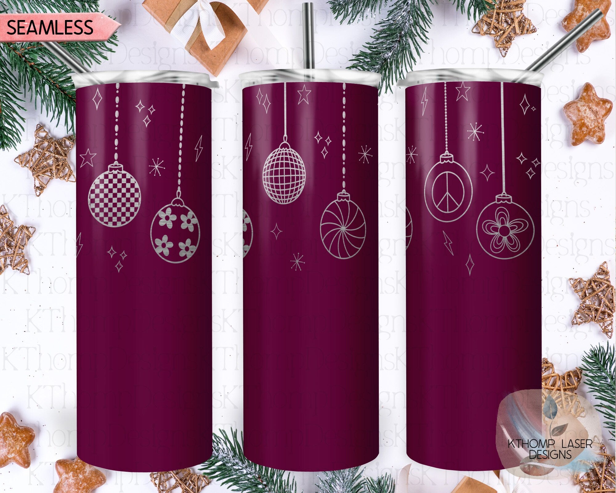 Retro Christmas Ornaments Holiday Tumbler Wrap SVG | 20oz Skinny Laser Engraving File | Rotary Ready Digital Design | Seasonal SVG