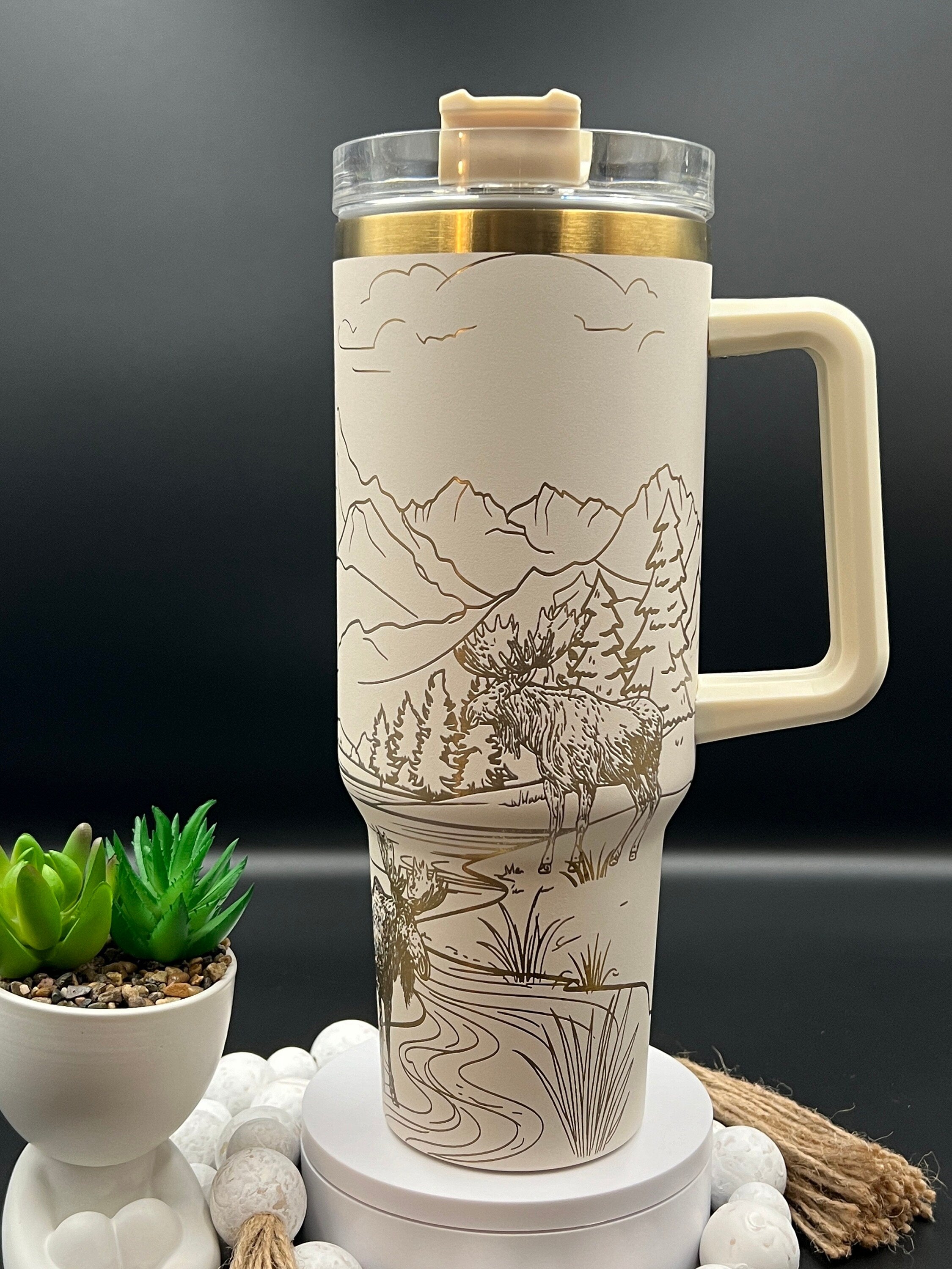 Moose Deer Mountains Seaplane Tumbler Wrap SVG | 40oz Laser Engraving File | Rotary Ready Digital Design | Exotic Animal SVG