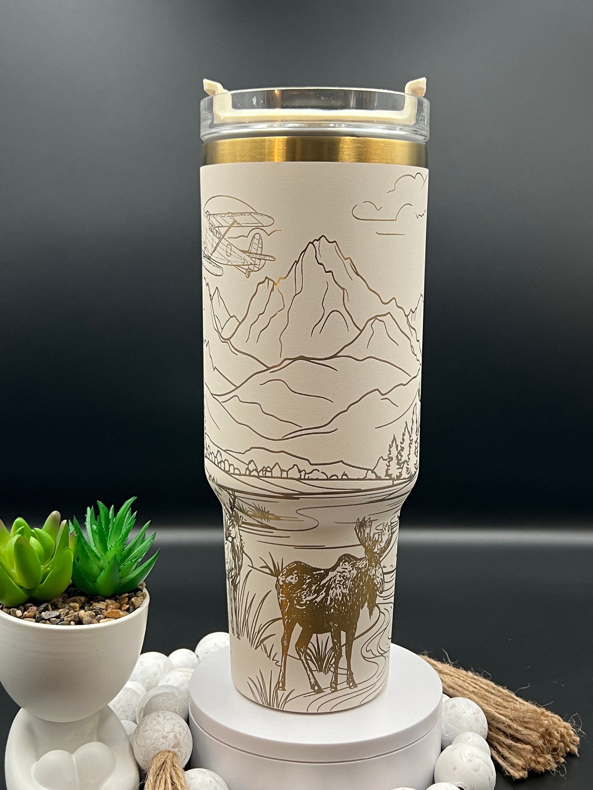 Moose Deer Mountains Seaplane Tumbler Wrap SVG | 40oz Laser Engraving File | Rotary Ready Digital Design | Exotic Animal SVG