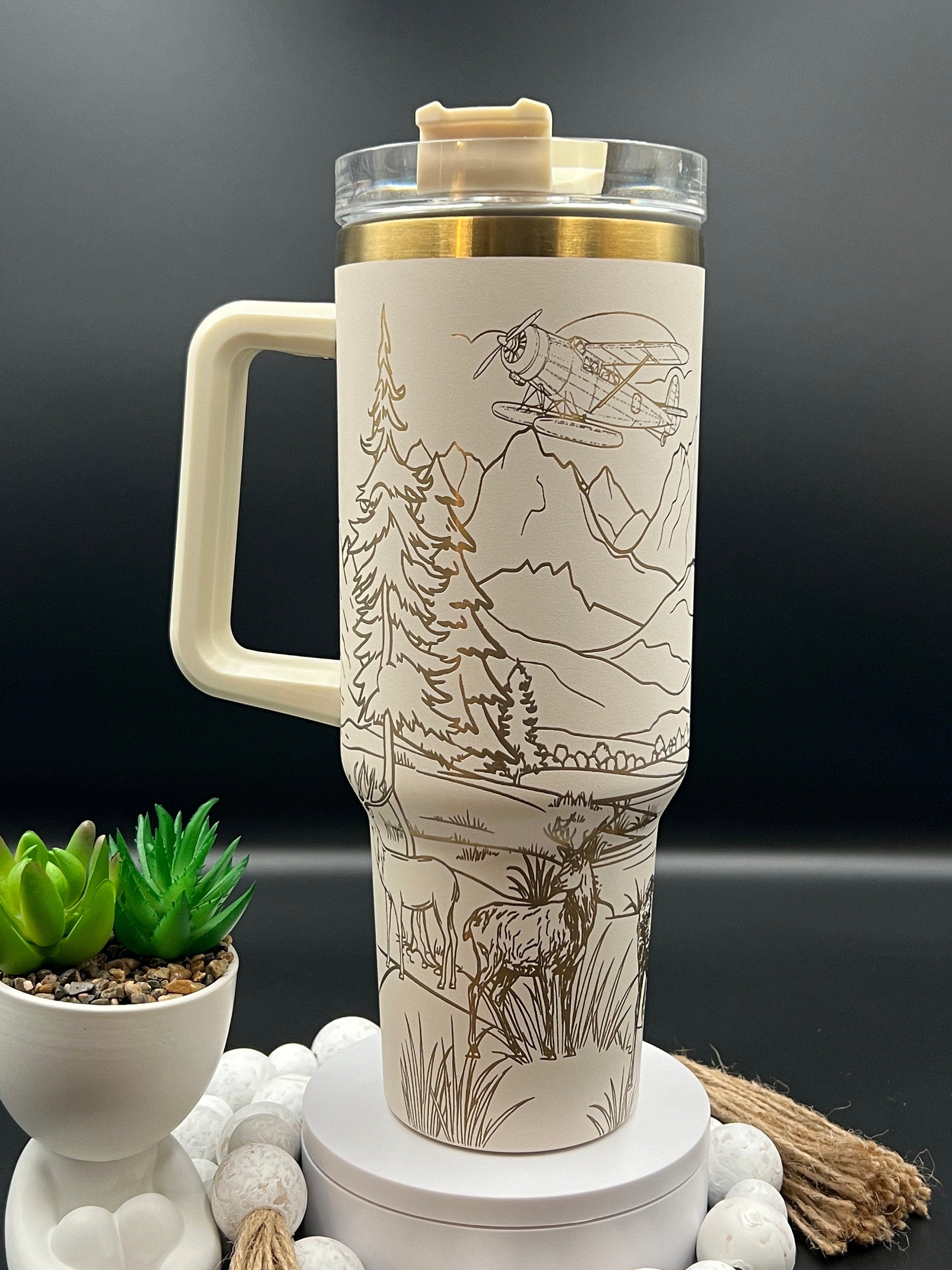 Moose Deer Mountains Seaplane Tumbler Wrap SVG | 40oz Laser Engraving File | Rotary Ready Digital Design | Exotic Animal SVG