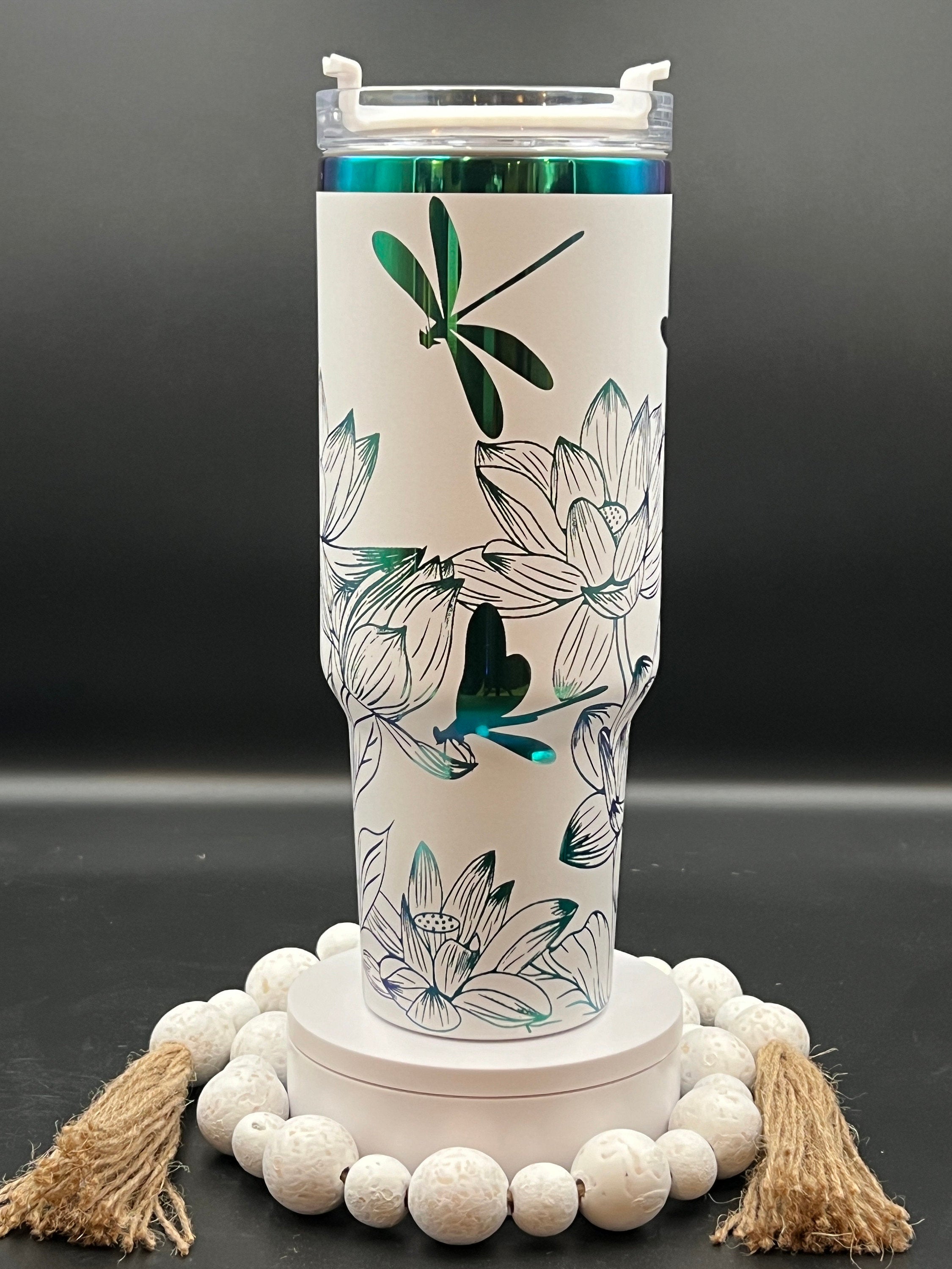 Dragonflies and Lotus Flowers Tumbler Wrap SVG | 40oz Laser Engraving File | Rotary Ready Digital Design | Jungle Theme SVG