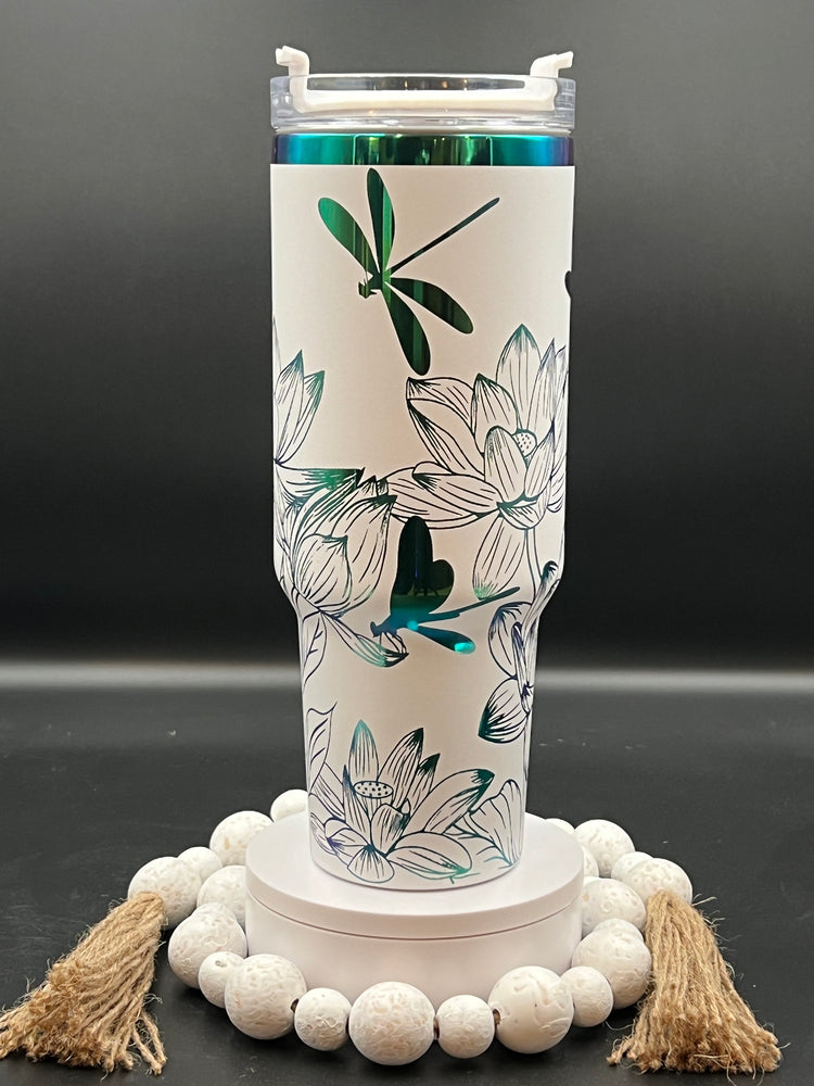 Dragonflies and Lotus Flowers Tumbler Wrap SVG | 40oz Laser Engraving File | Rotary Ready Digital Design | Jungle Theme SVG