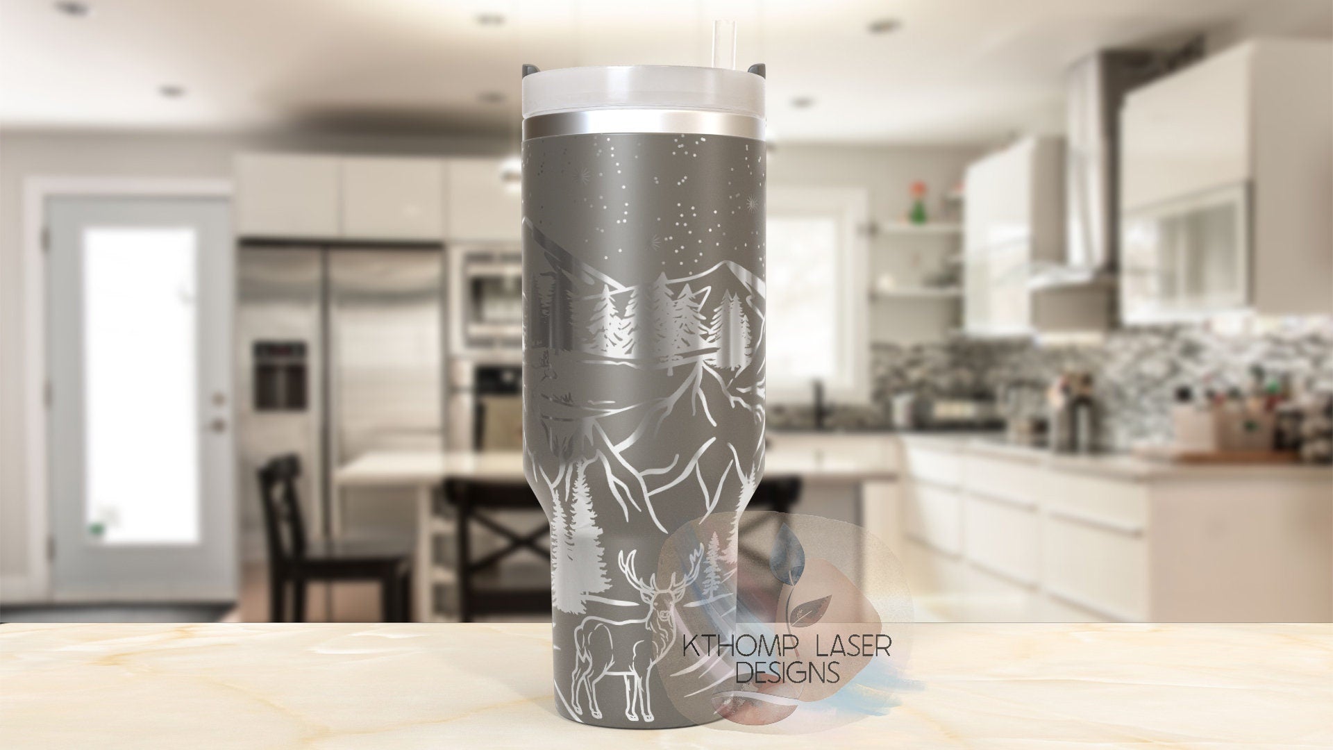 Deer Mountain Scene Tumbler Wrap SVG | 40oz Laser Engraving File | Rotary Ready Digital Design | Exotic Animal SVG