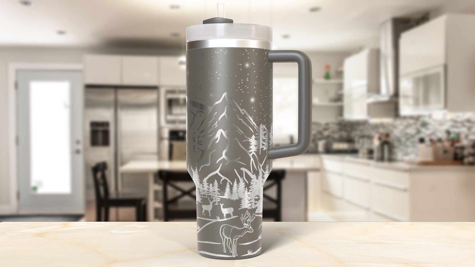Deer Mountain Scene Tumbler Wrap SVG | 40oz Laser Engraving File | Rotary Ready Digital Design | Exotic Animal SVG