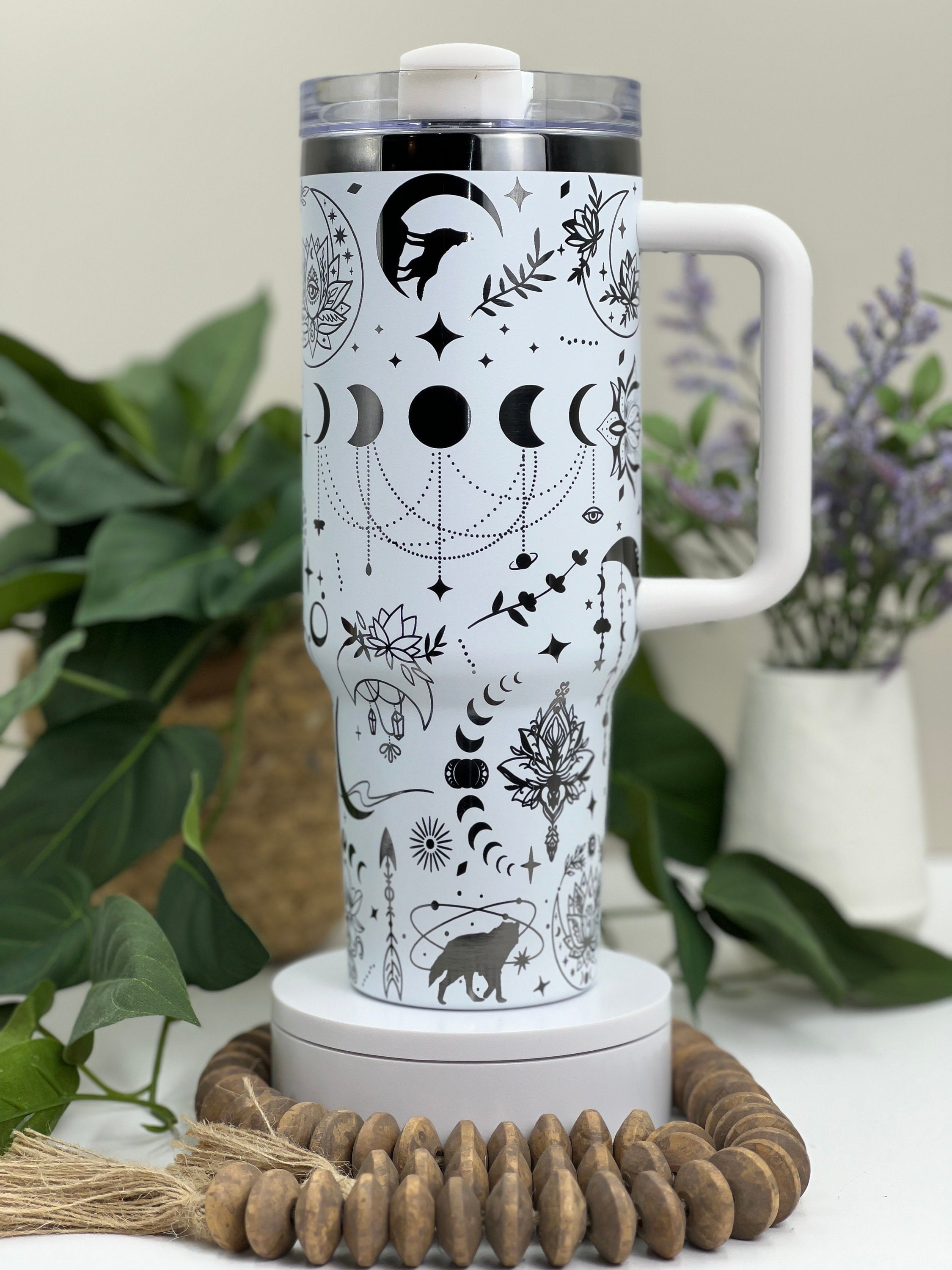 Boho Wolves Moons & Lotus Tumbler Wrap SVG | 40oz Laser Engraving File | Rotary Ready Digital Design | Zodiac Boho SVG