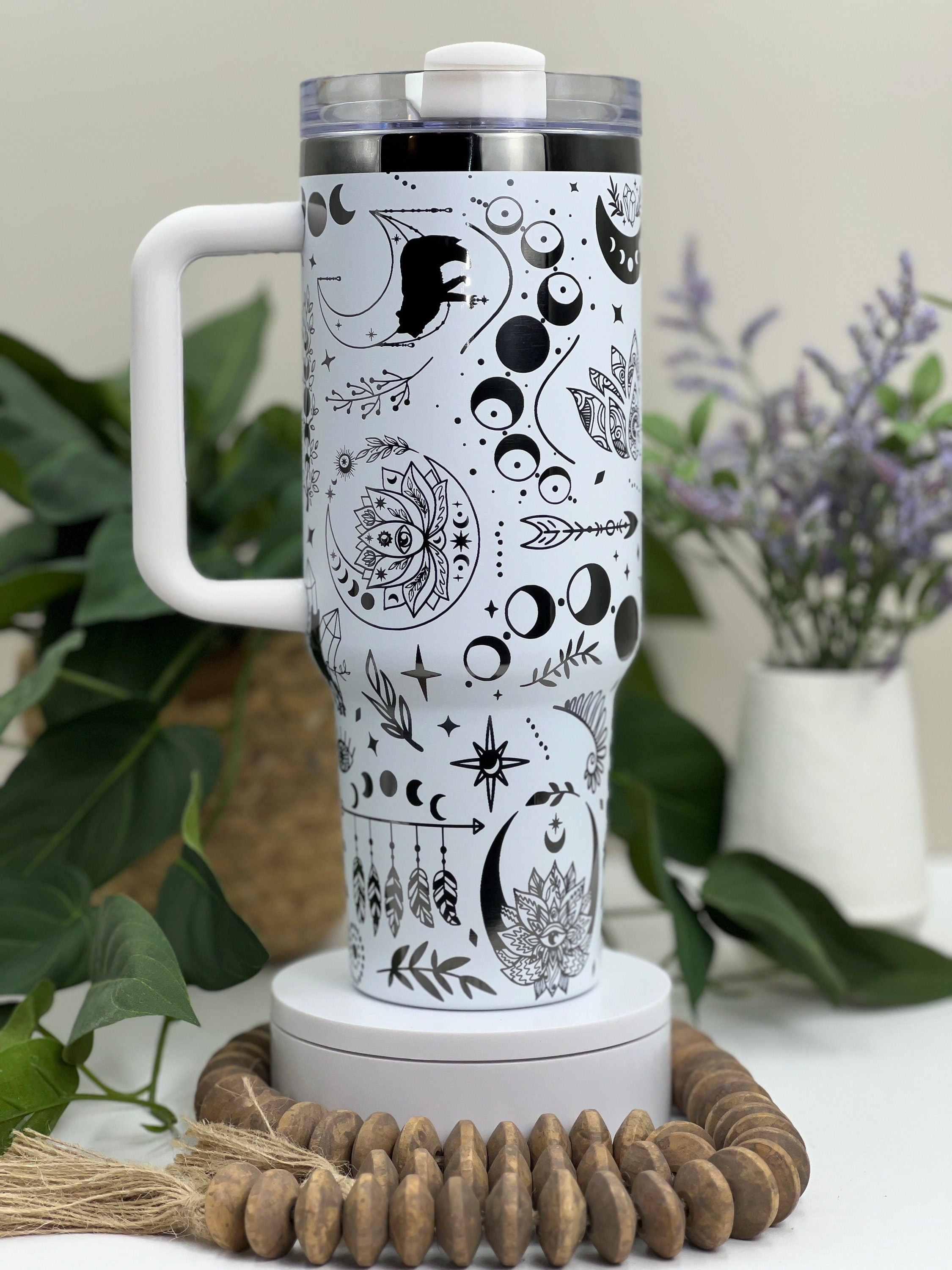 Boho Wolves Moons & Lotus Tumbler Wrap SVG | 40oz Laser Engraving File | Rotary Ready Digital Design | Zodiac Boho SVG