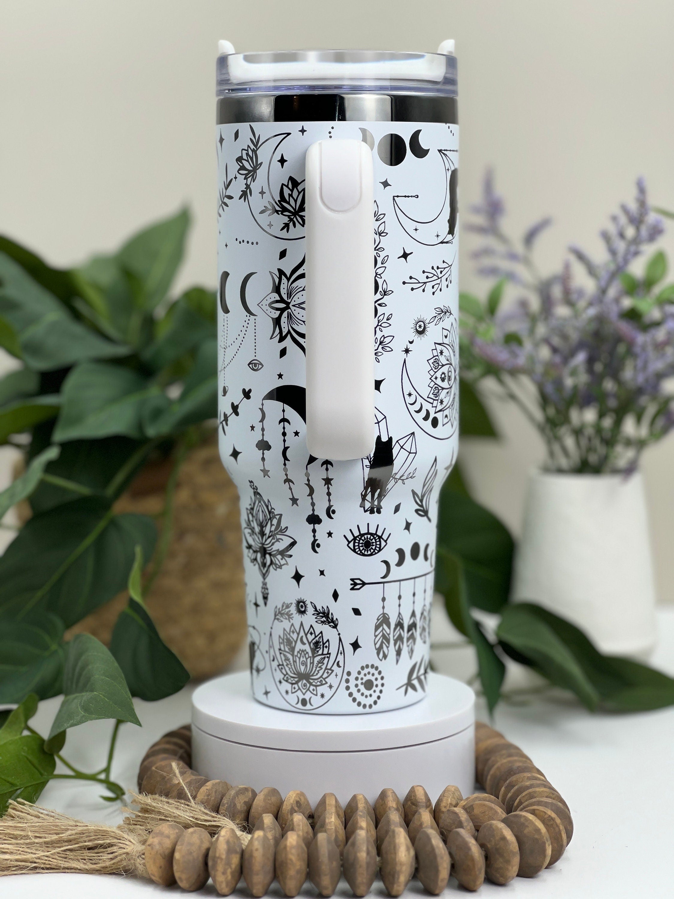 Boho Wolves Moons & Lotus Tumbler Wrap SVG | 40oz Laser Engraving File | Rotary Ready Digital Design | Zodiac Boho SVG