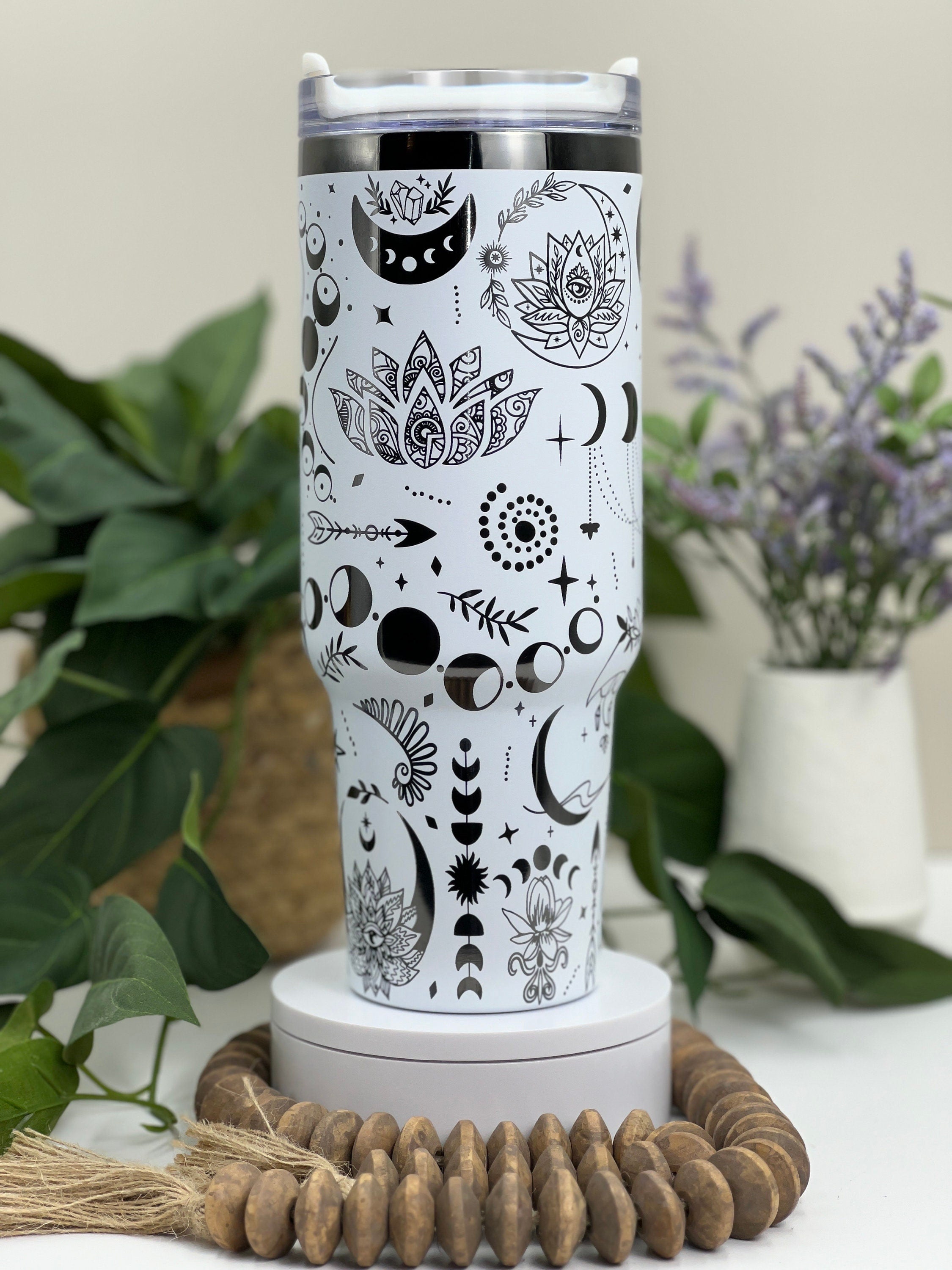 Boho Wolves Moons & Lotus Tumbler Wrap SVG | 40oz Laser Engraving File | Rotary Ready Digital Design | Zodiac Boho SVG