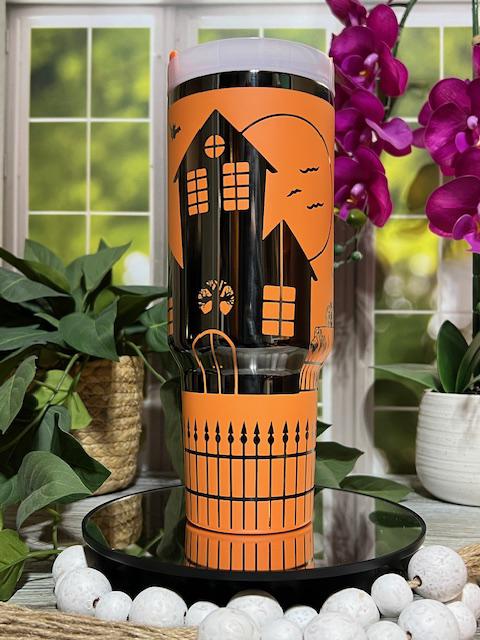 Halloween Spooky Night Haunted House Holiday Tumbler Wrap SVG | 40oz Laser Engraving File | Rotary Ready Digital Design | Seasonal SVG