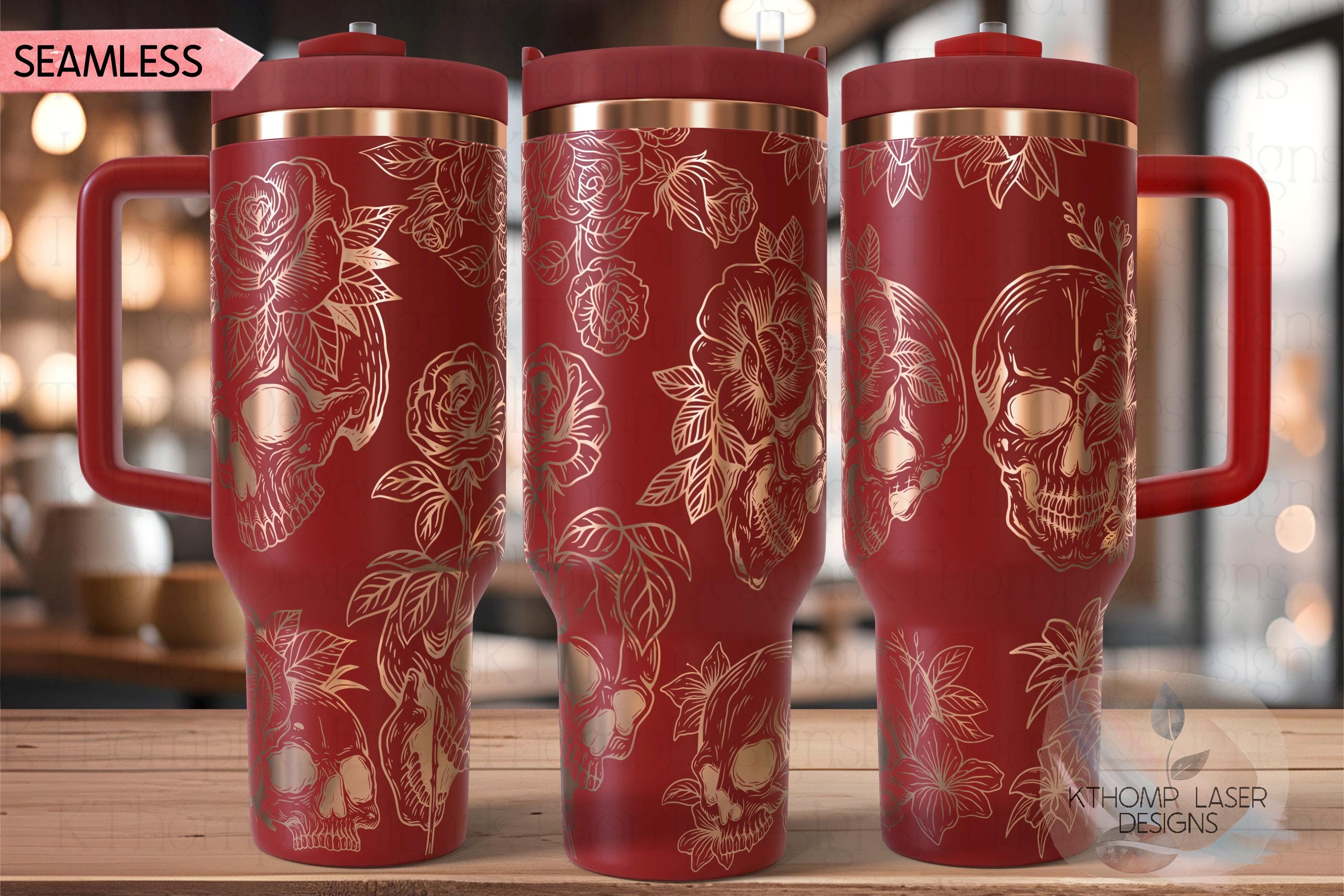 Skulls and Roses Tumbler Wrap SVG | 40oz Laser Engraving File | Rotary Engrave Digital Design | Floral SVG Design