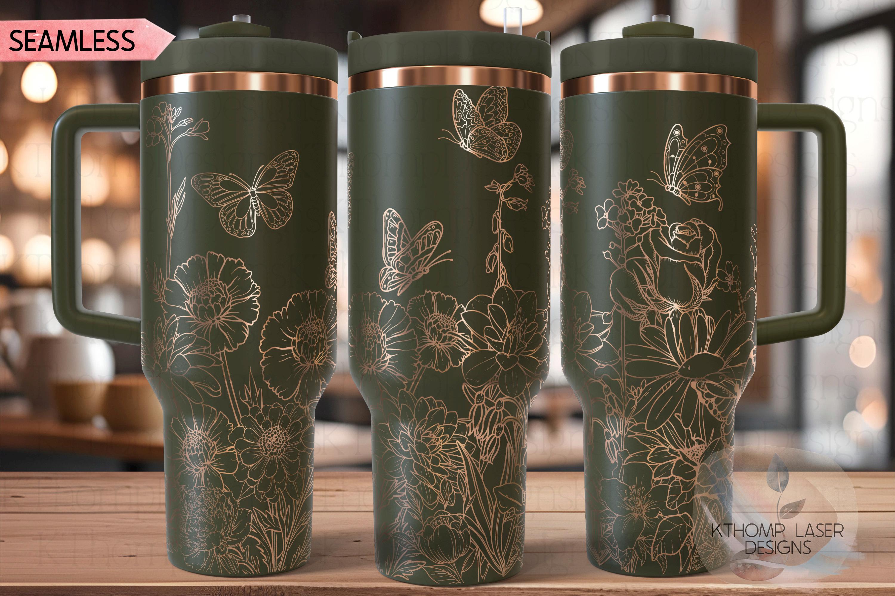 Butterfly Flower Garden Tumbler Wrap SVG | 40oz Laser Engraving File | Rotary Engrave Digital Design | Floral SVG Design