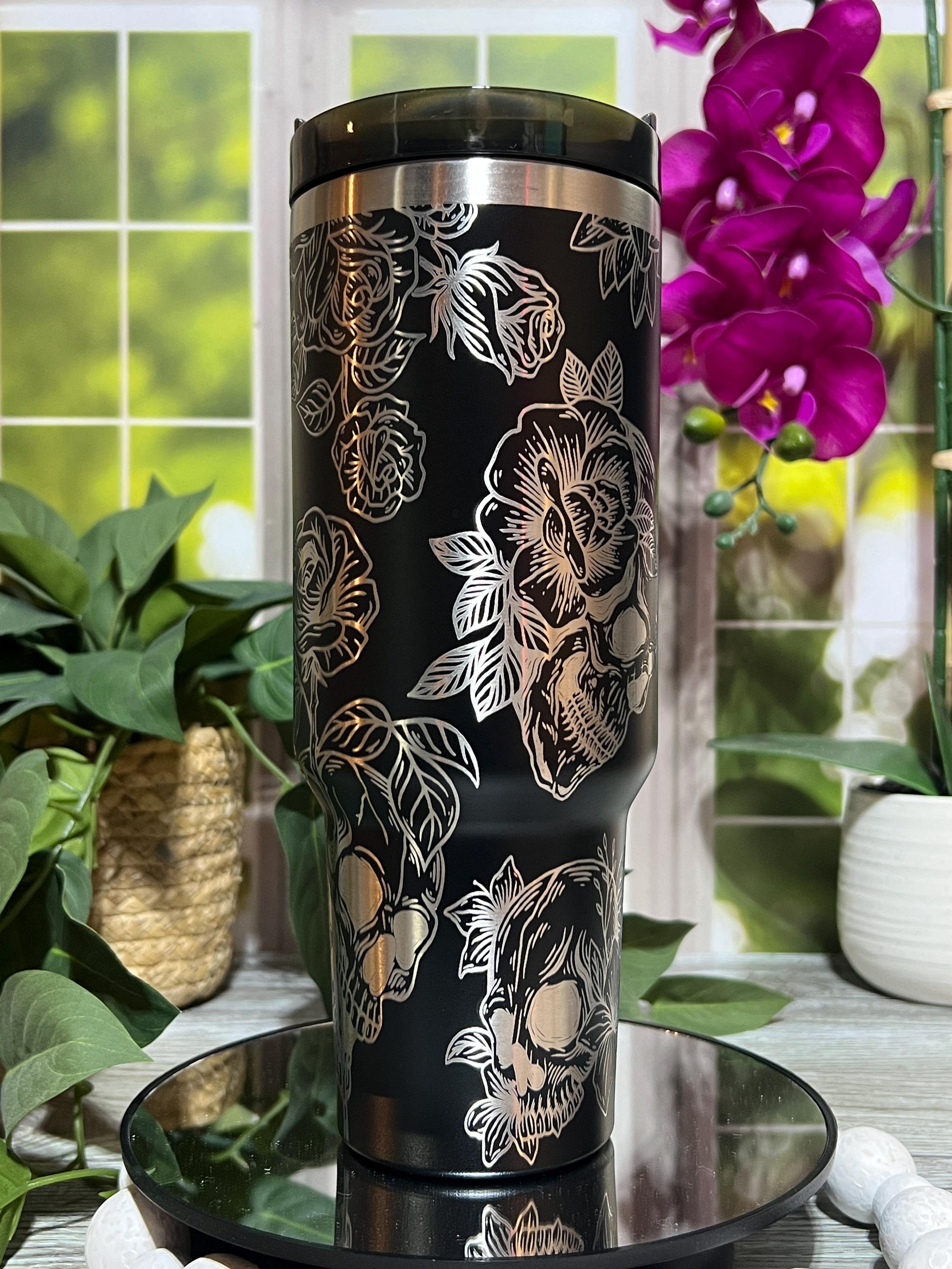 Skulls and Roses Tumbler Wrap SVG | 40oz Laser Engraving File | Rotary Engrave Digital Design | Floral SVG Design