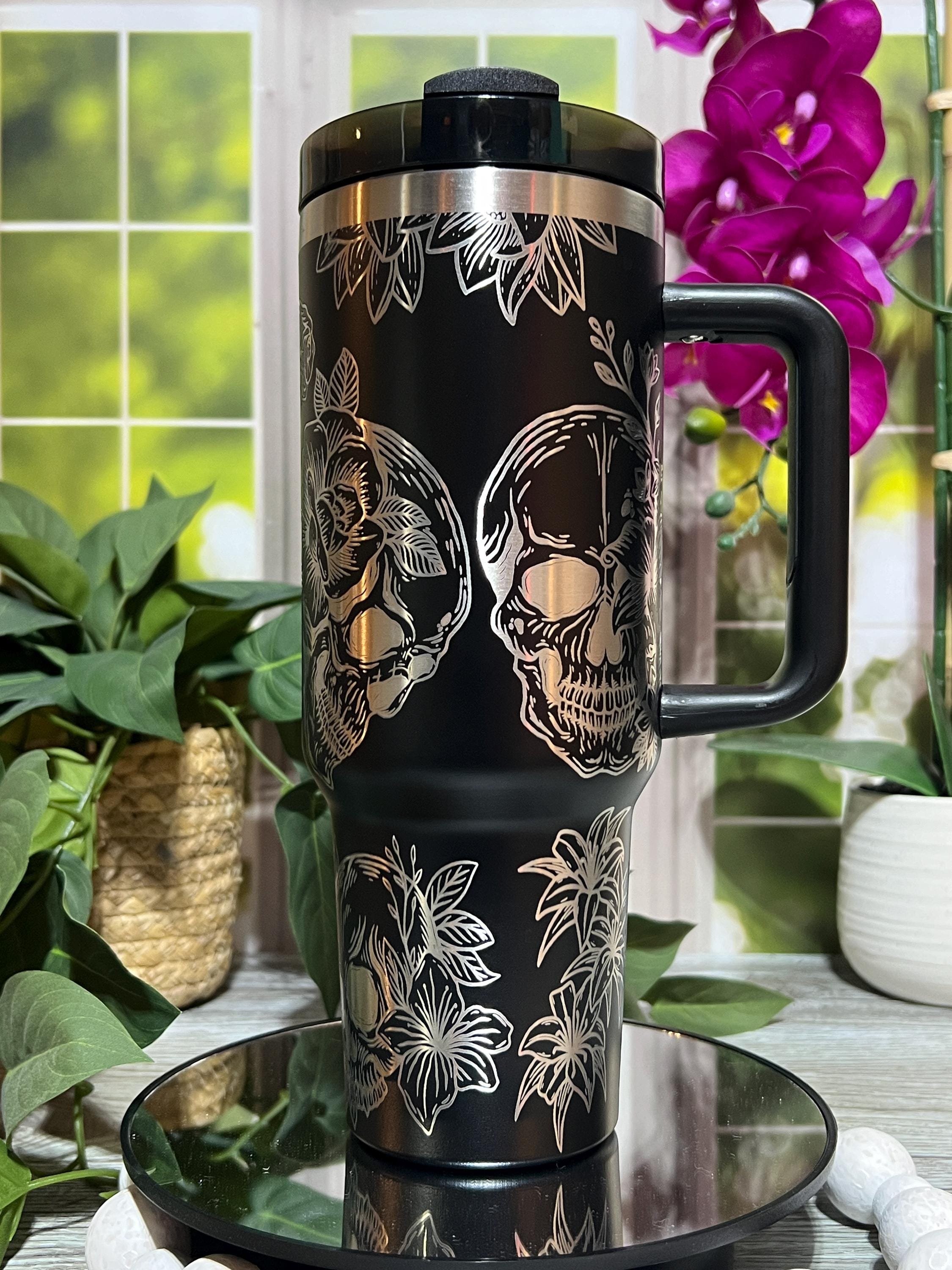 Skulls and Roses Tumbler Wrap SVG | 40oz Laser Engraving File | Rotary Engrave Digital Design | Floral SVG Design