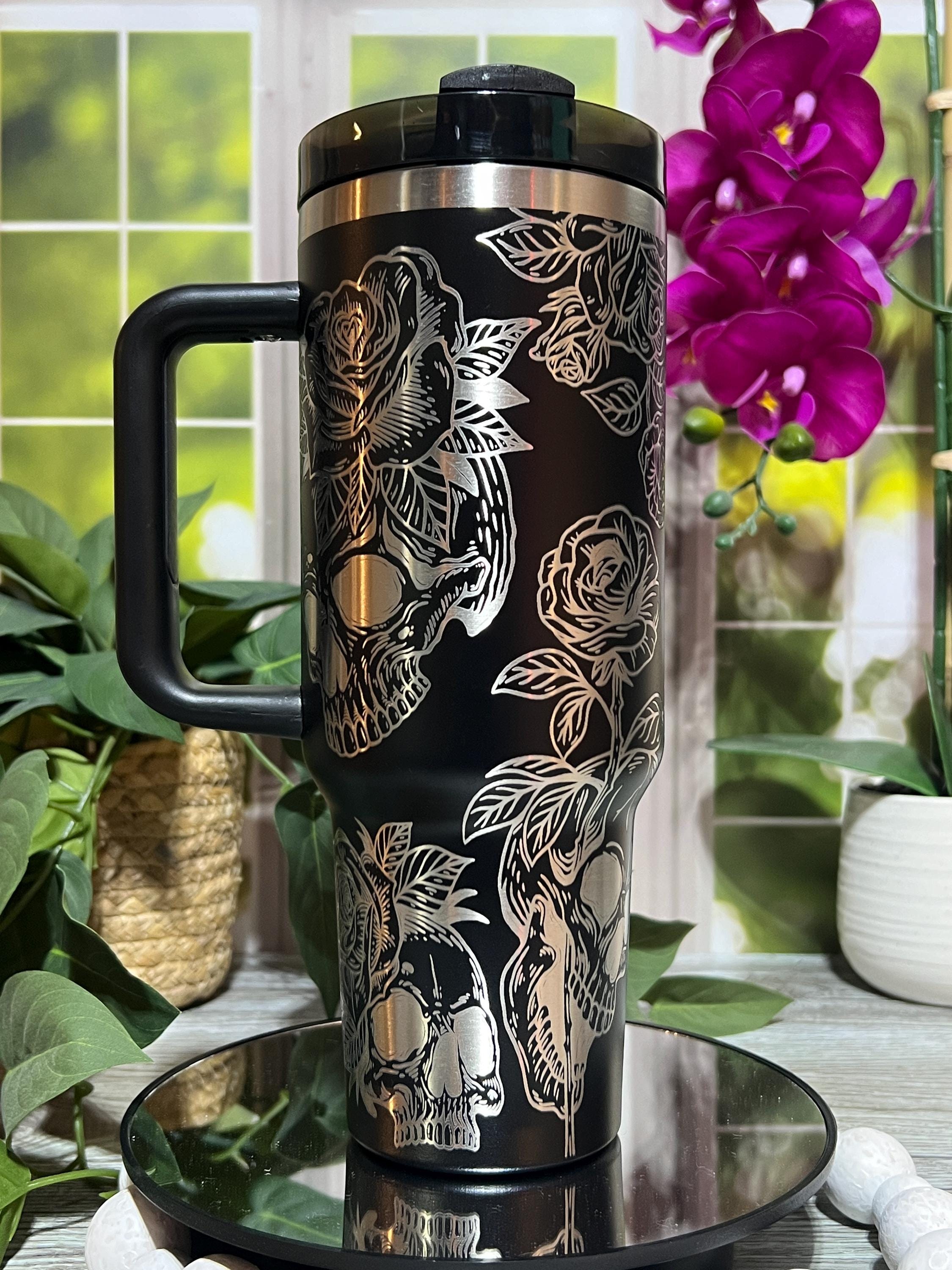 Skulls and Roses Tumbler Wrap SVG | 40oz Laser Engraving File | Rotary Engrave Digital Design | Floral SVG Design